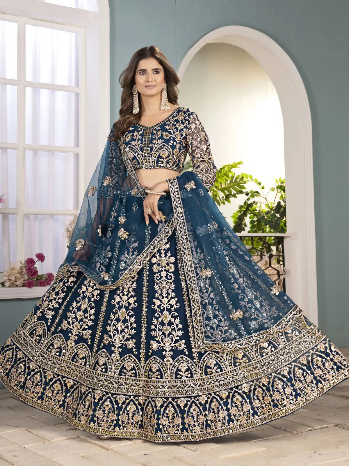 Tarani navy blue net embroidered lehenga full view with blouse and dupatta