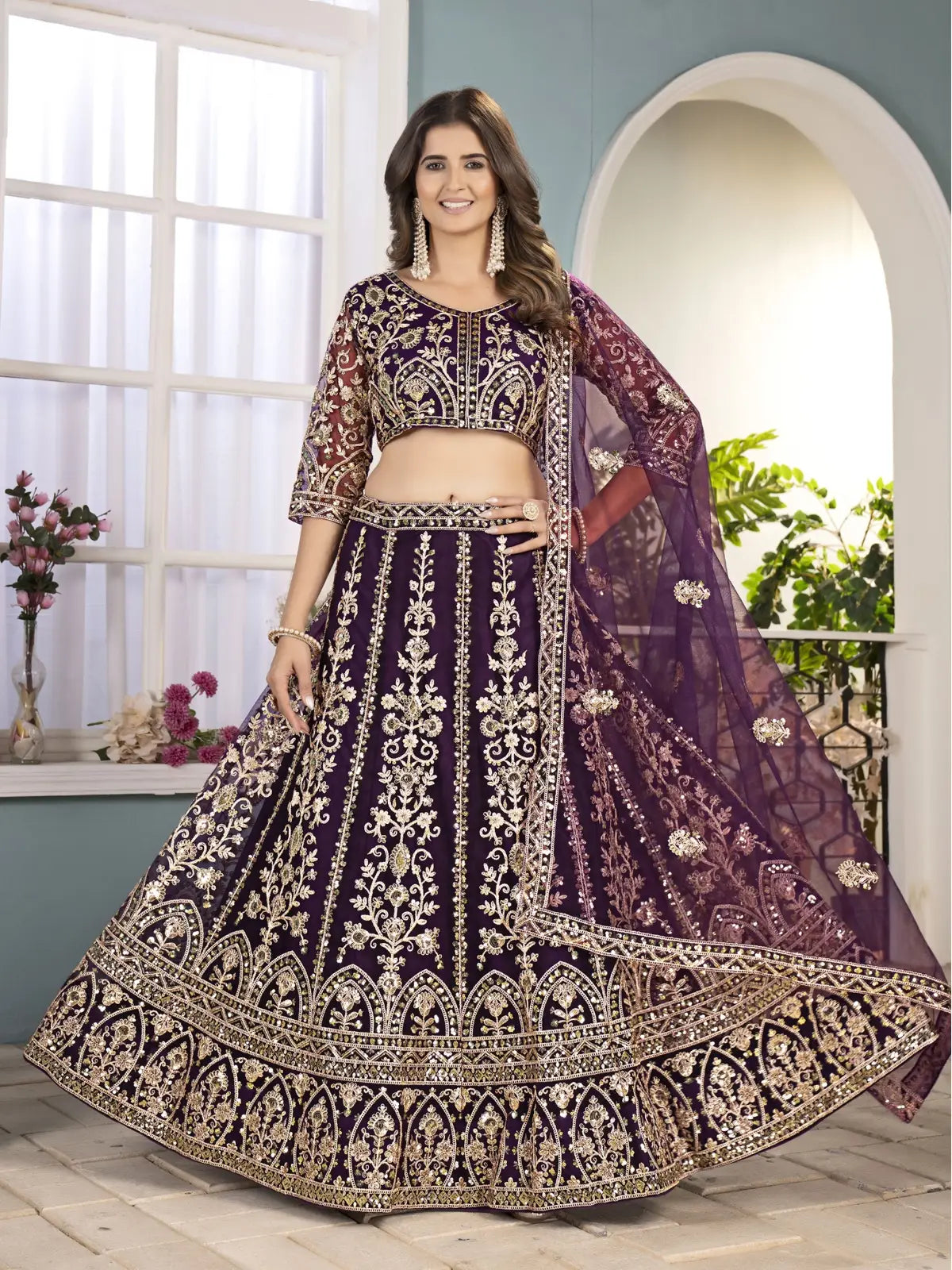Tarani purple net lehenga full view with embroidery sequence work