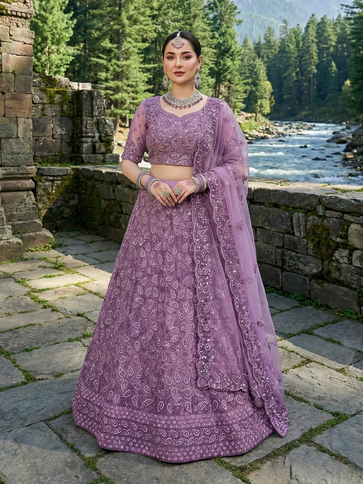 Tarani premium purple net lehenga with embroidery and dupatta for wedding functions full view