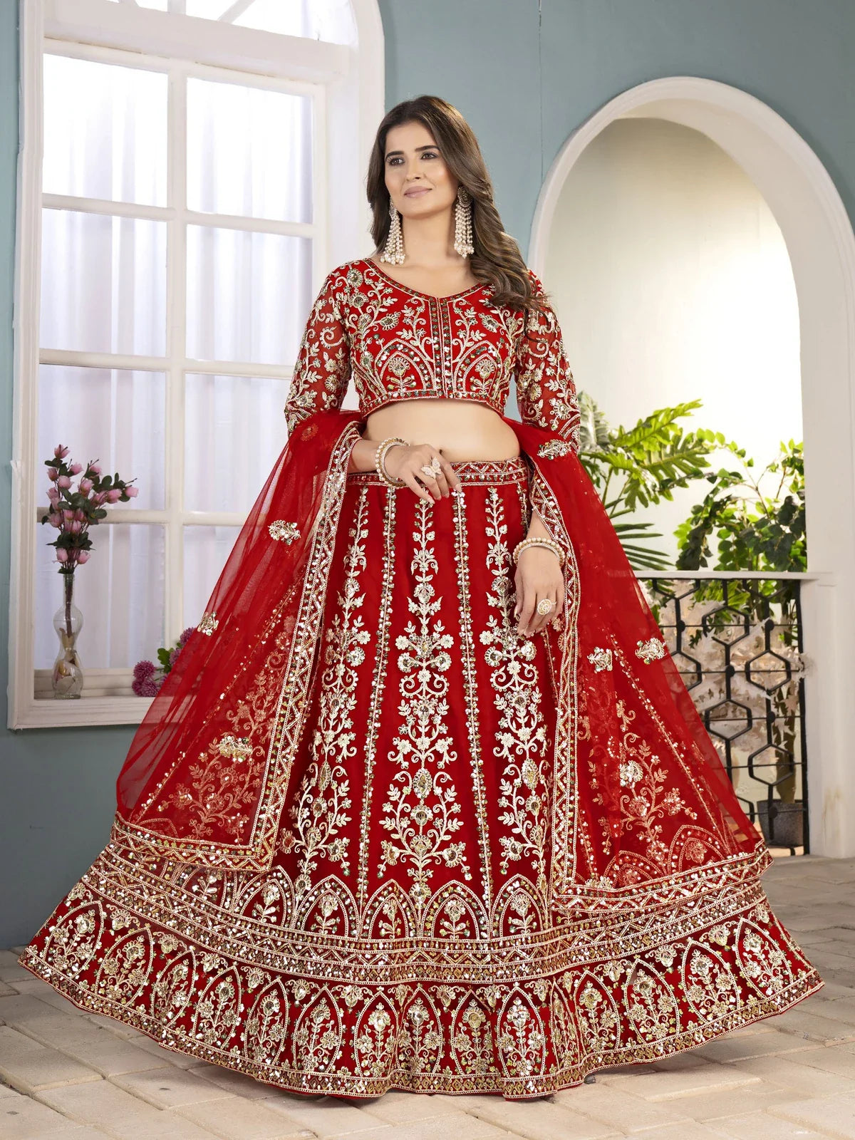 Tarani red net lehenga with embroidery sequence work full front view for weddings