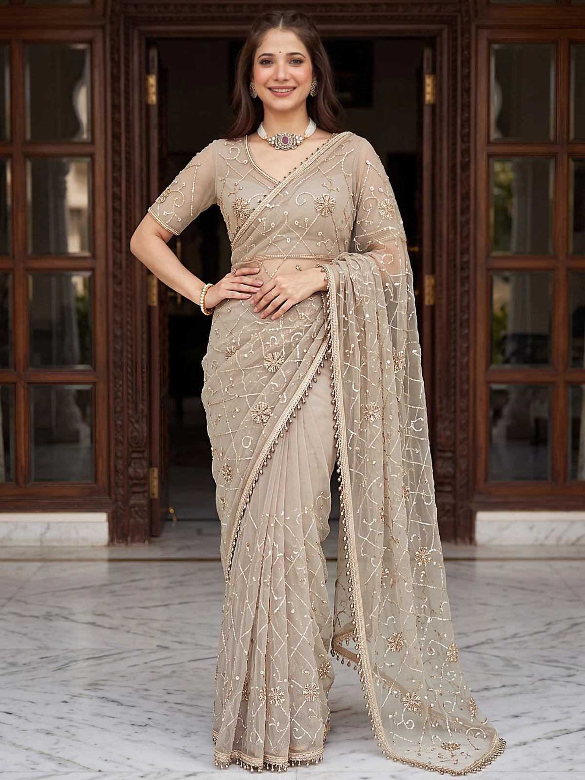 Tarani beige net saree with beads sequence pearls embroidery full-view