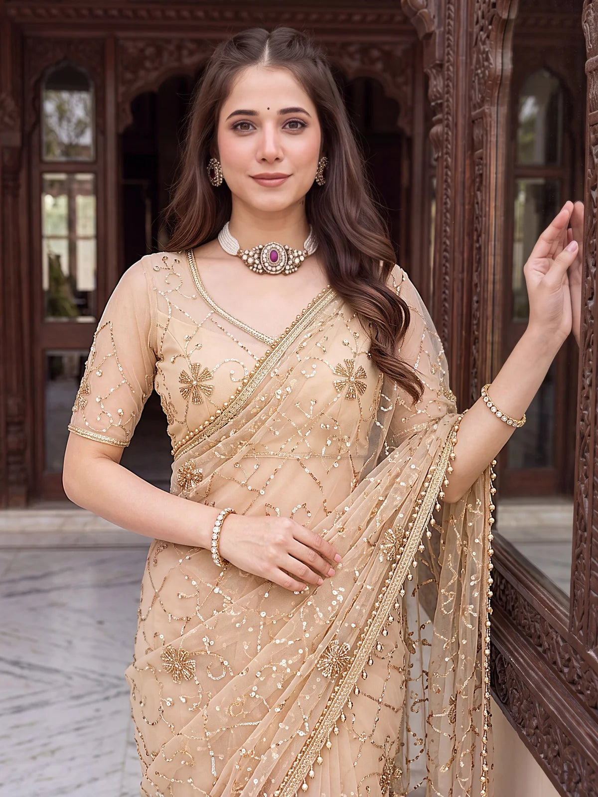 Tarani beige net saree upper body embroidery blouse detail