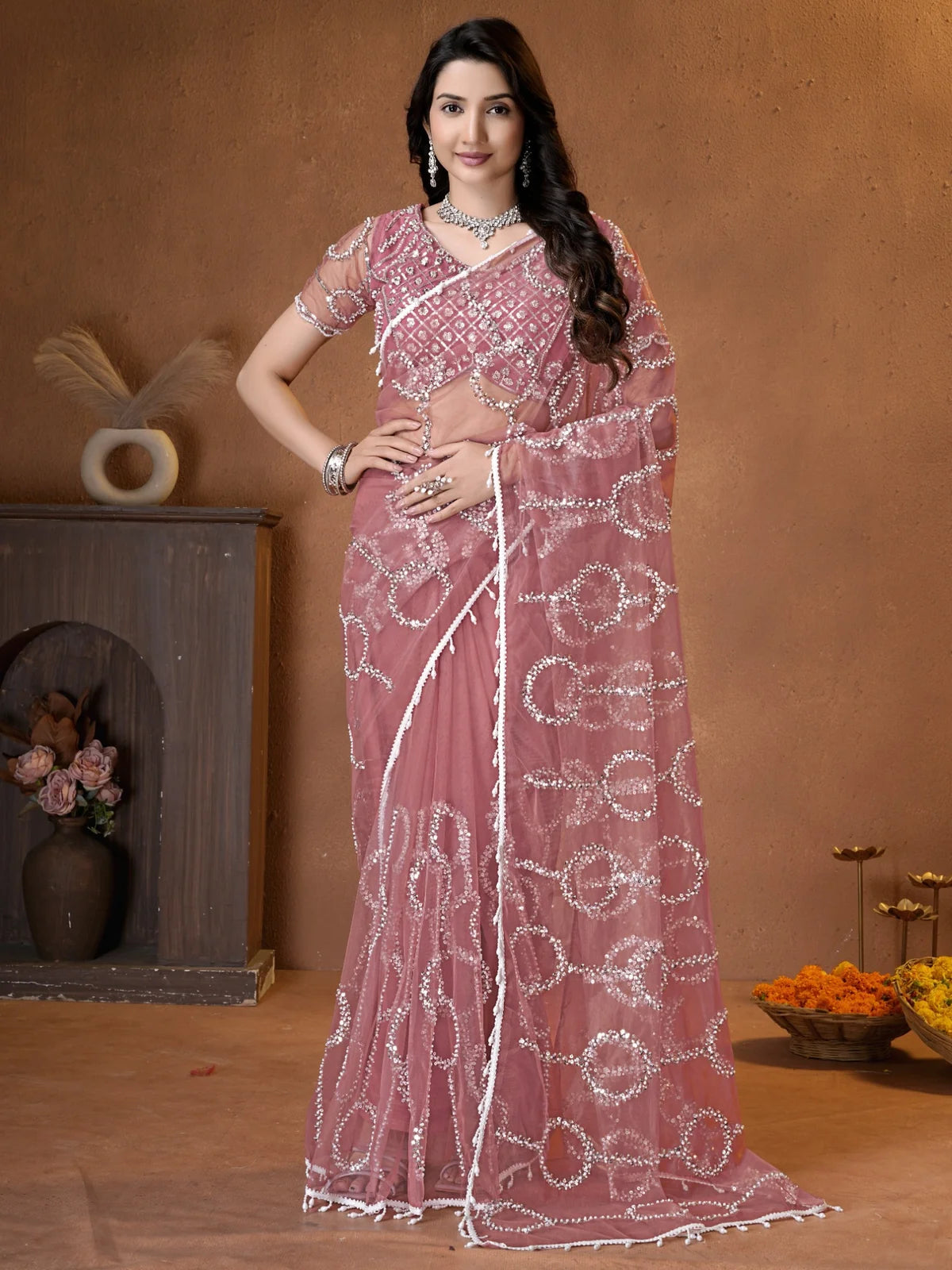 Tarani dusty pink net saree with beads sequence pearls embroidery full-view