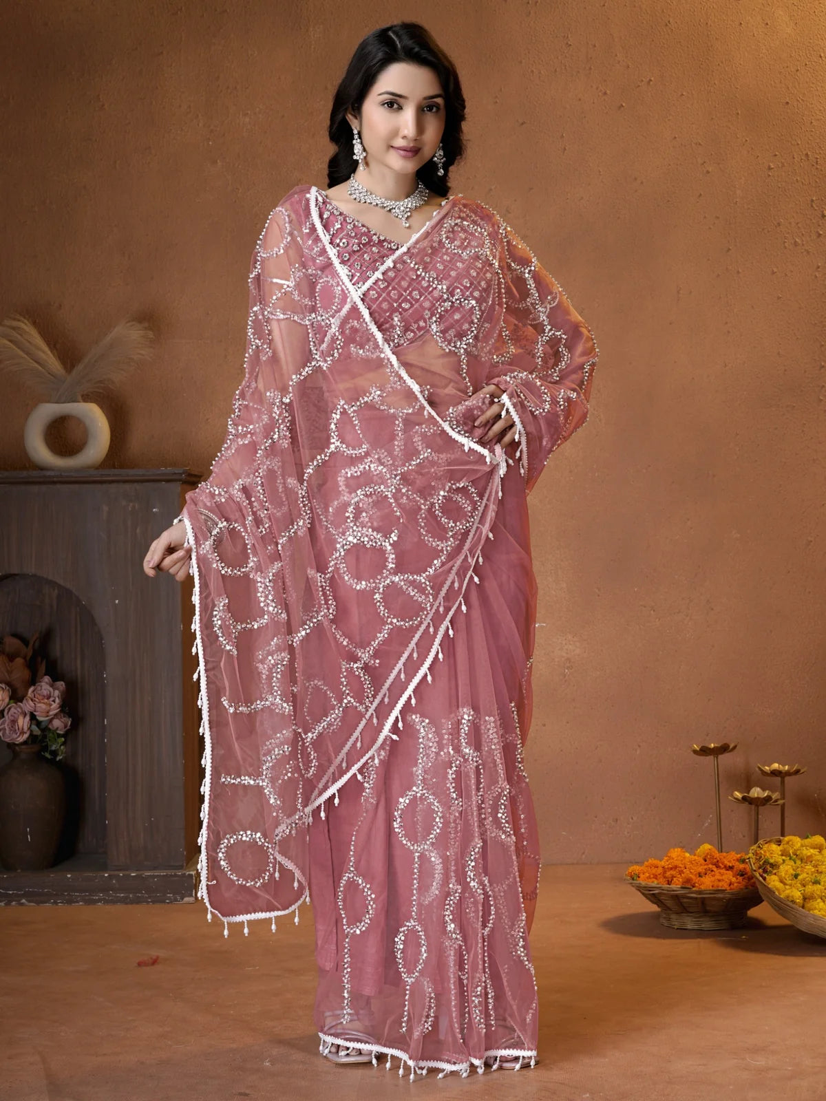 Tarani dusty pink net saree with beads sequence pearls embroidery pallu-view