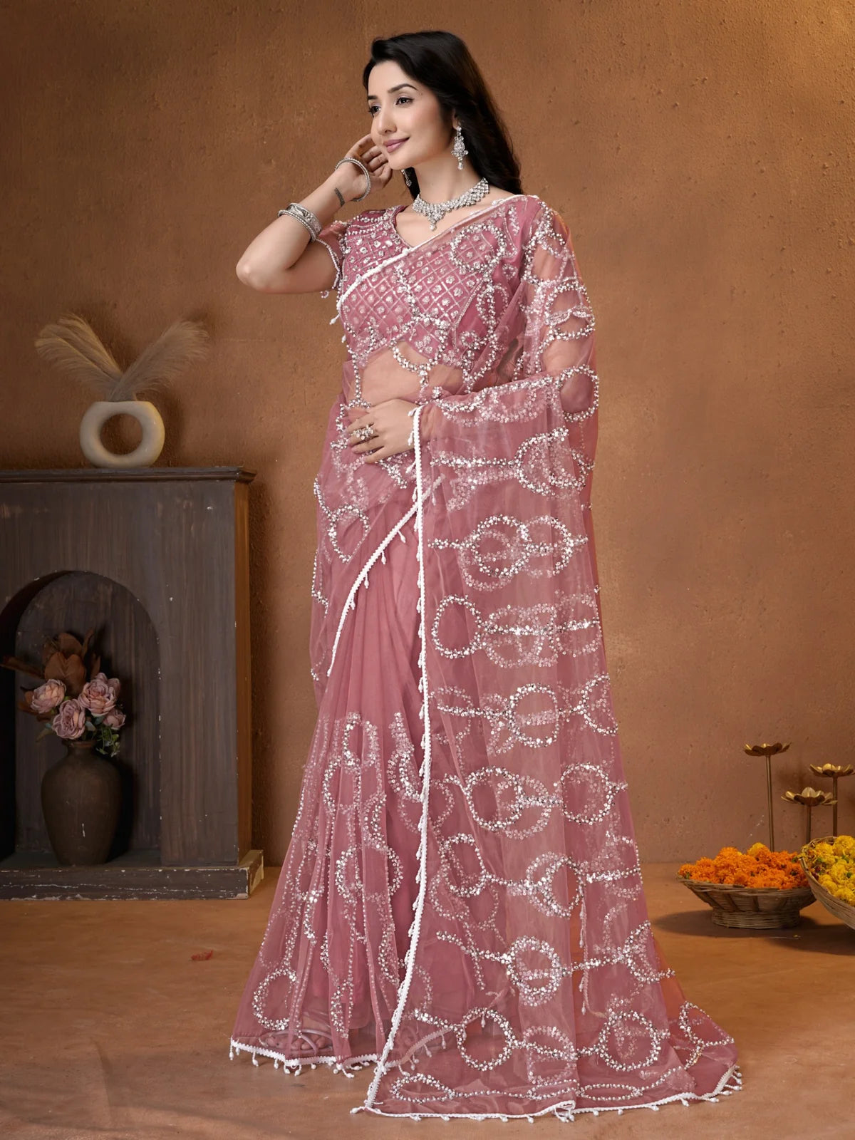 Tarani dusty pink net saree with beads sequence pearls embroidery side-view