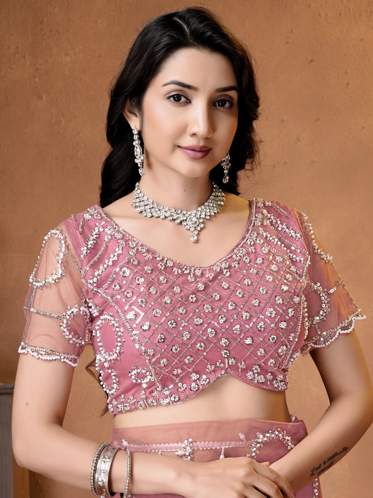 Tarani dusty pink net saree with beads sequence pearls embroidery upper-body-view