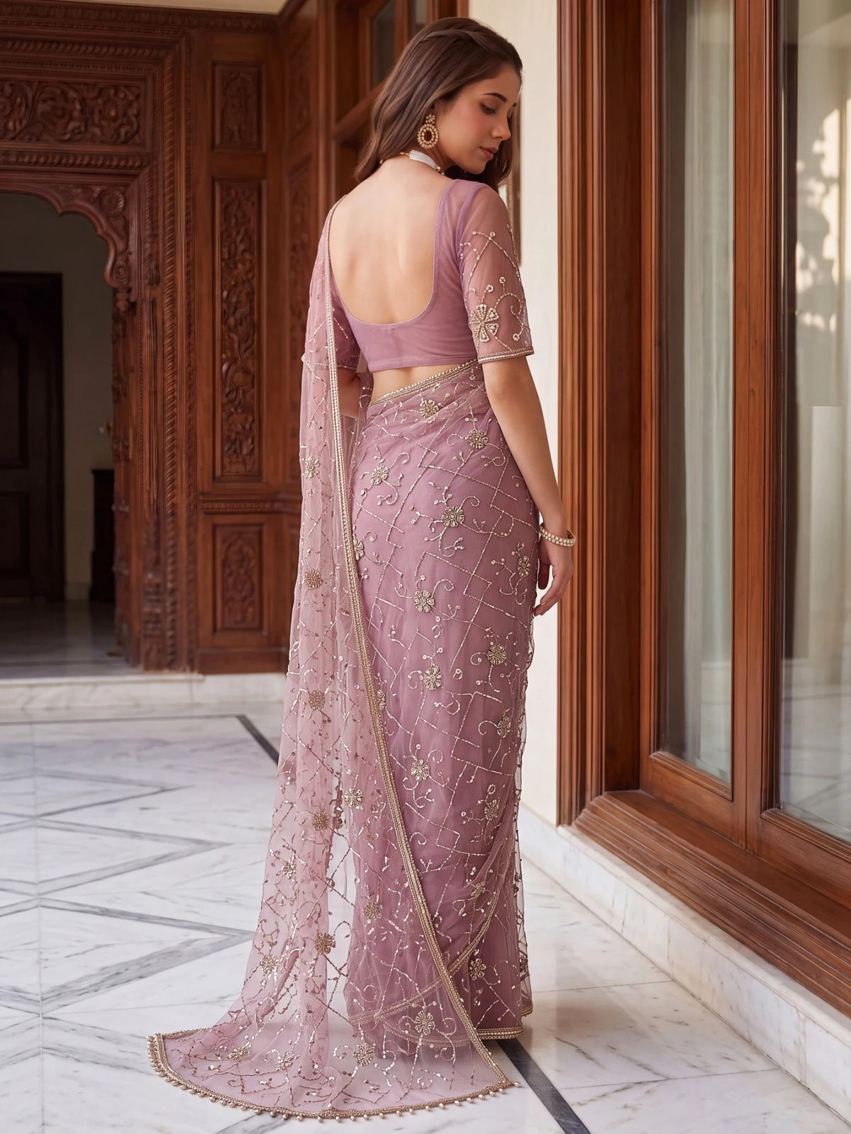 Tarani lavender net saree with beads sequins pearls embroidery back-view view Swasti