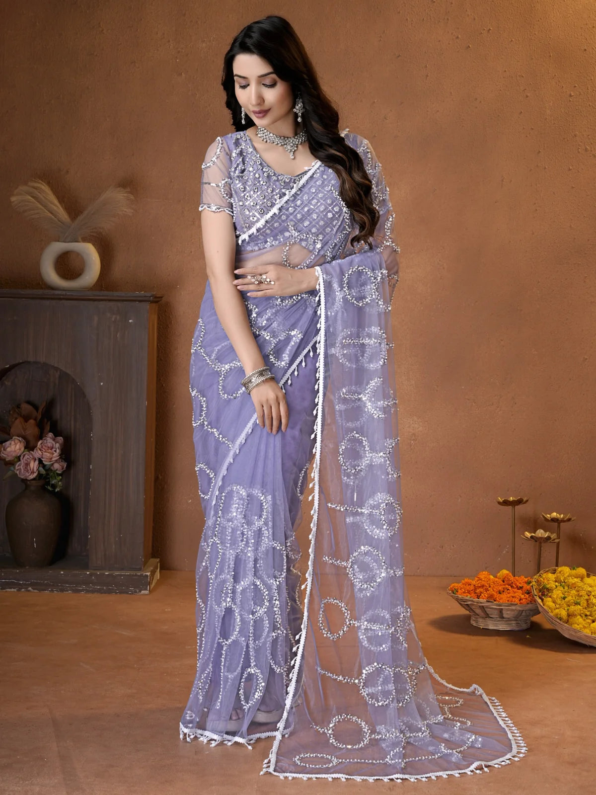 Tarani lavender net saree with beads sequins pearls embroidery front view