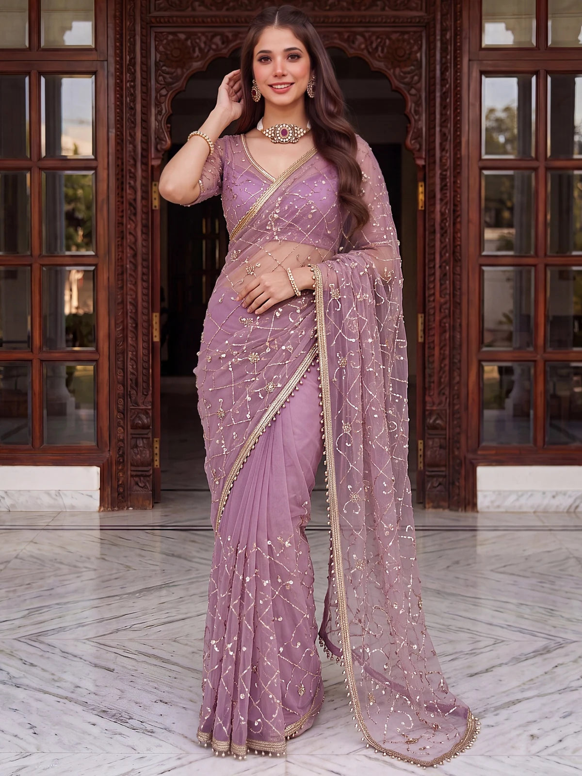 Tarani lavender net saree with beads sequins pearls embroidery full-view view Swasti