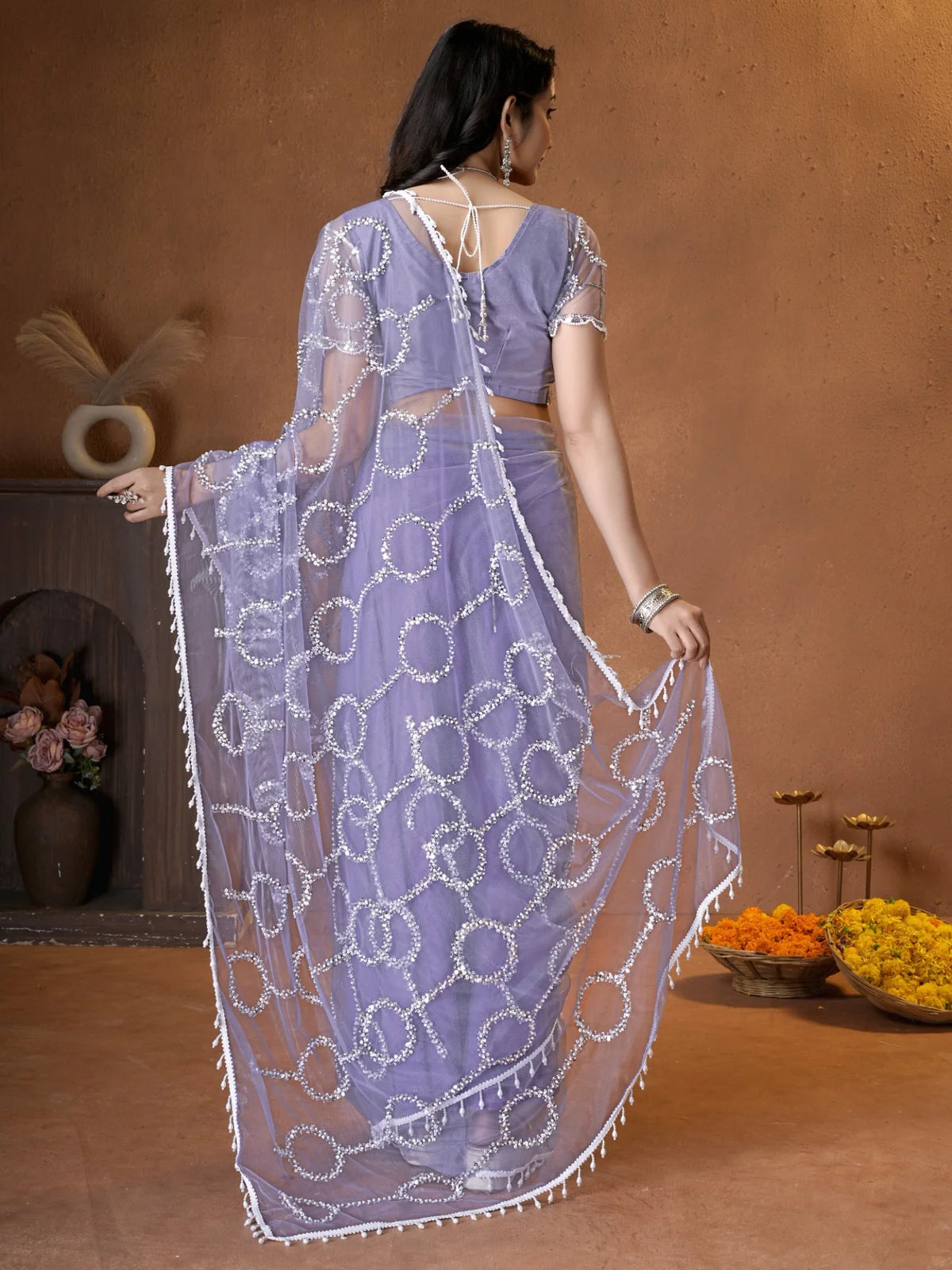 Tarani lavender net saree with beads sequins pearls embroidery pallu view