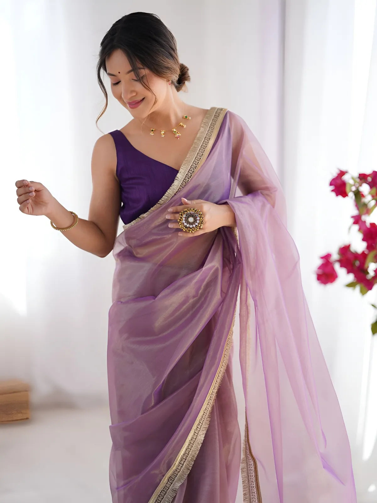 Tarani lavender net saree with sequins work and designer blouse – upper body pose