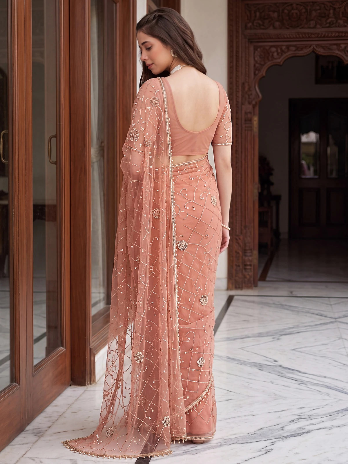 Tarani peach net embroidered saree with beads sequins pearls back view