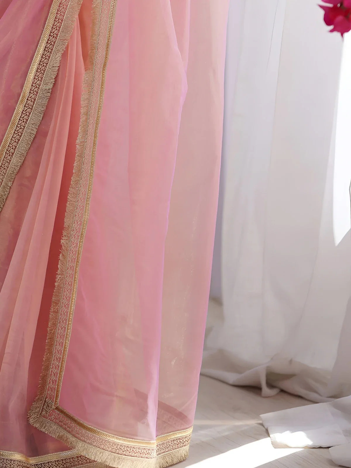 Tarani closeup of pink dual-shade net saree with broad golden lace border