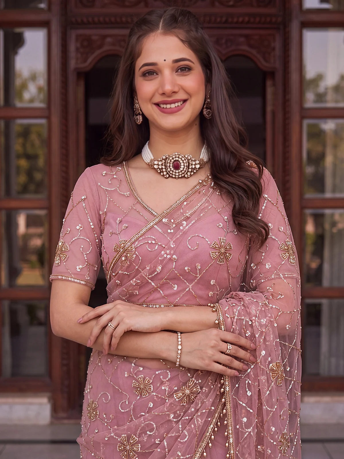 Tarani pink net saree with beads sequins and pearl embroidery upper-body-view