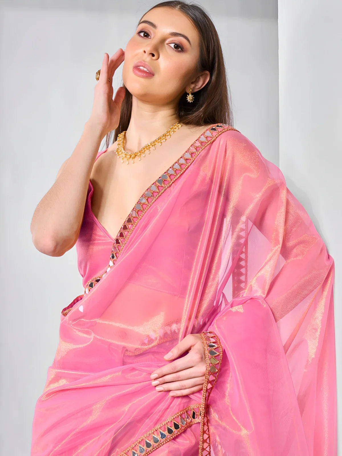 Tarani pink net saree upper body view with delicate blouse and mirror lacework