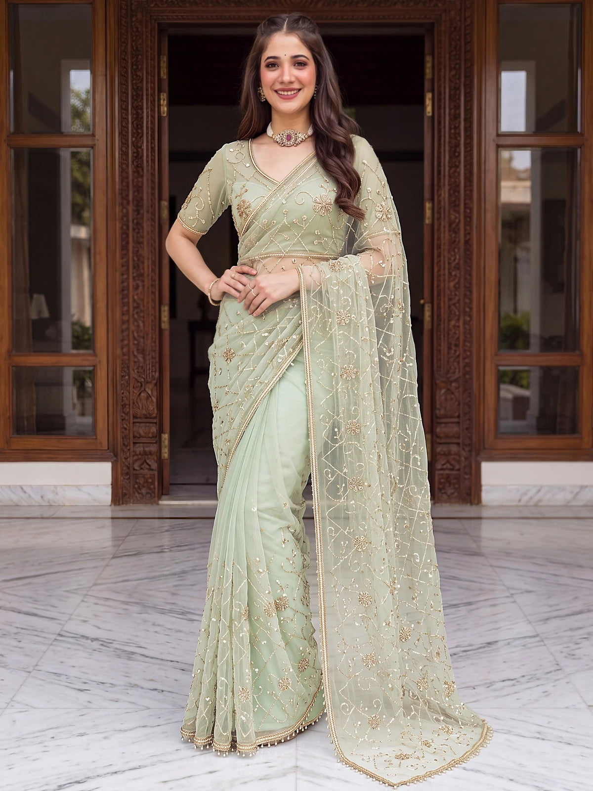 Tarani sage green net saree with beads sequence pearl embroidery full view for wedding and festive wear