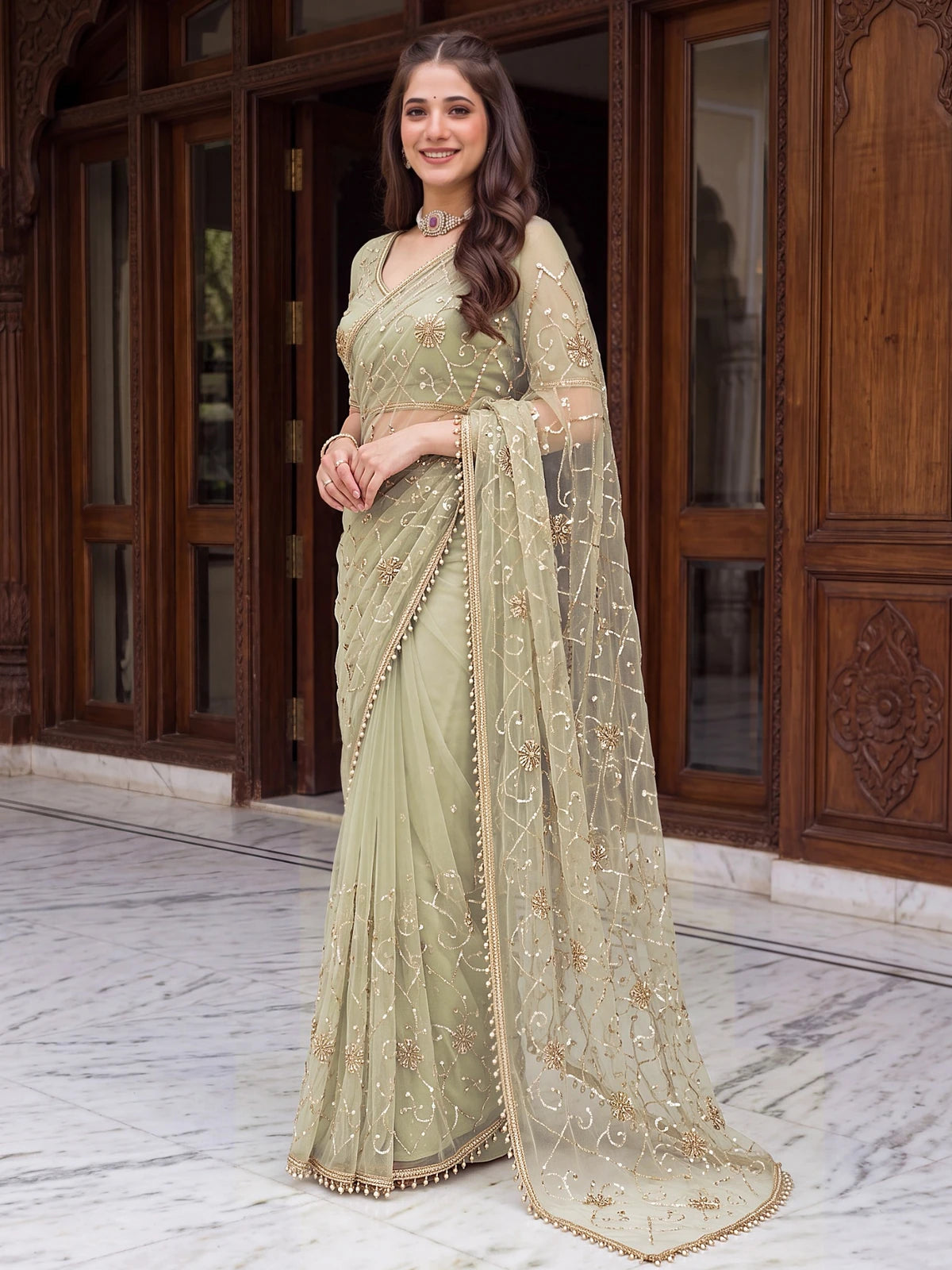 Tarani sage green net saree side view highlighting embroidered pallu and border