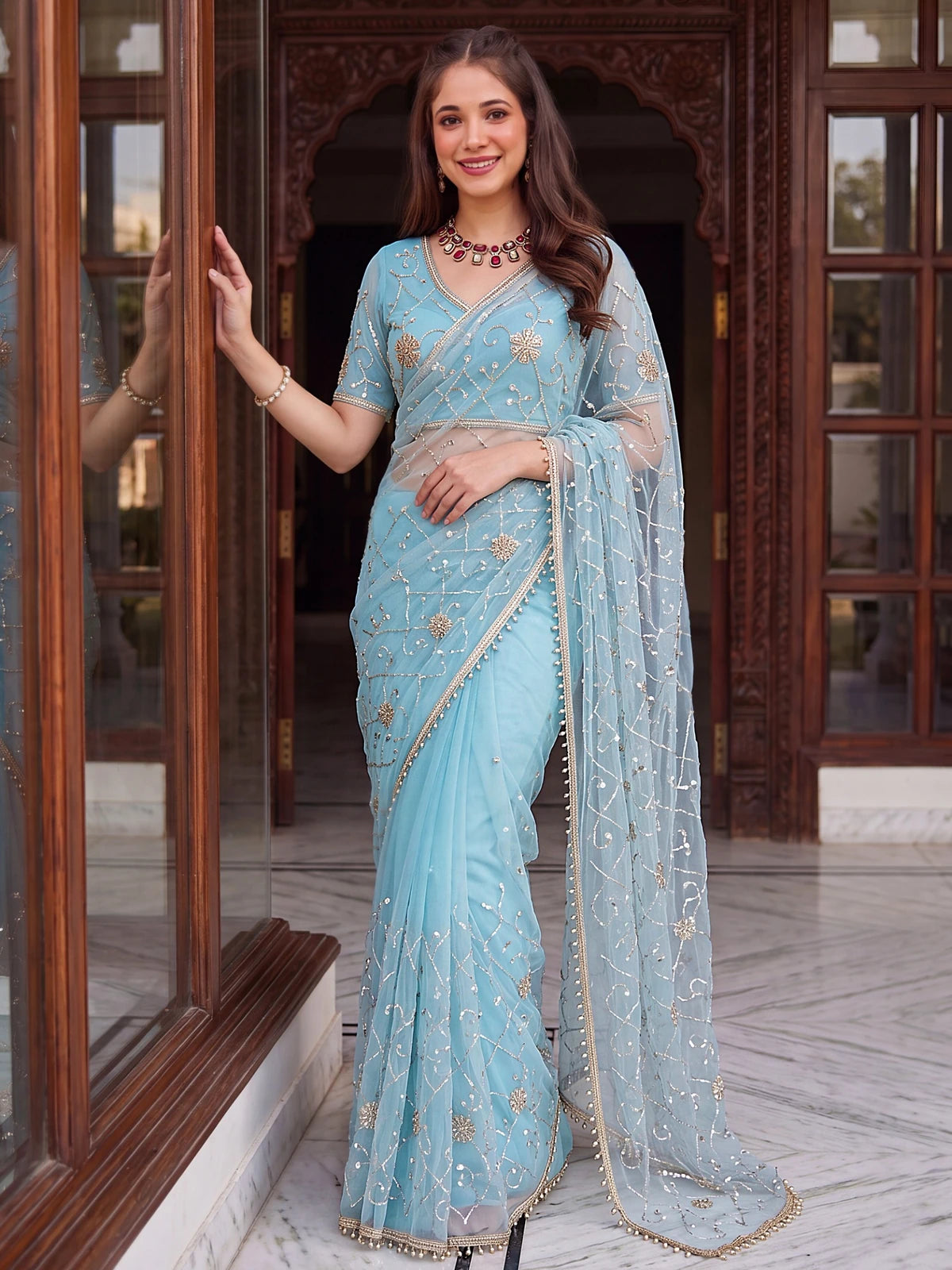 Tarani sky blue net saree side view highlighting border and embroidery