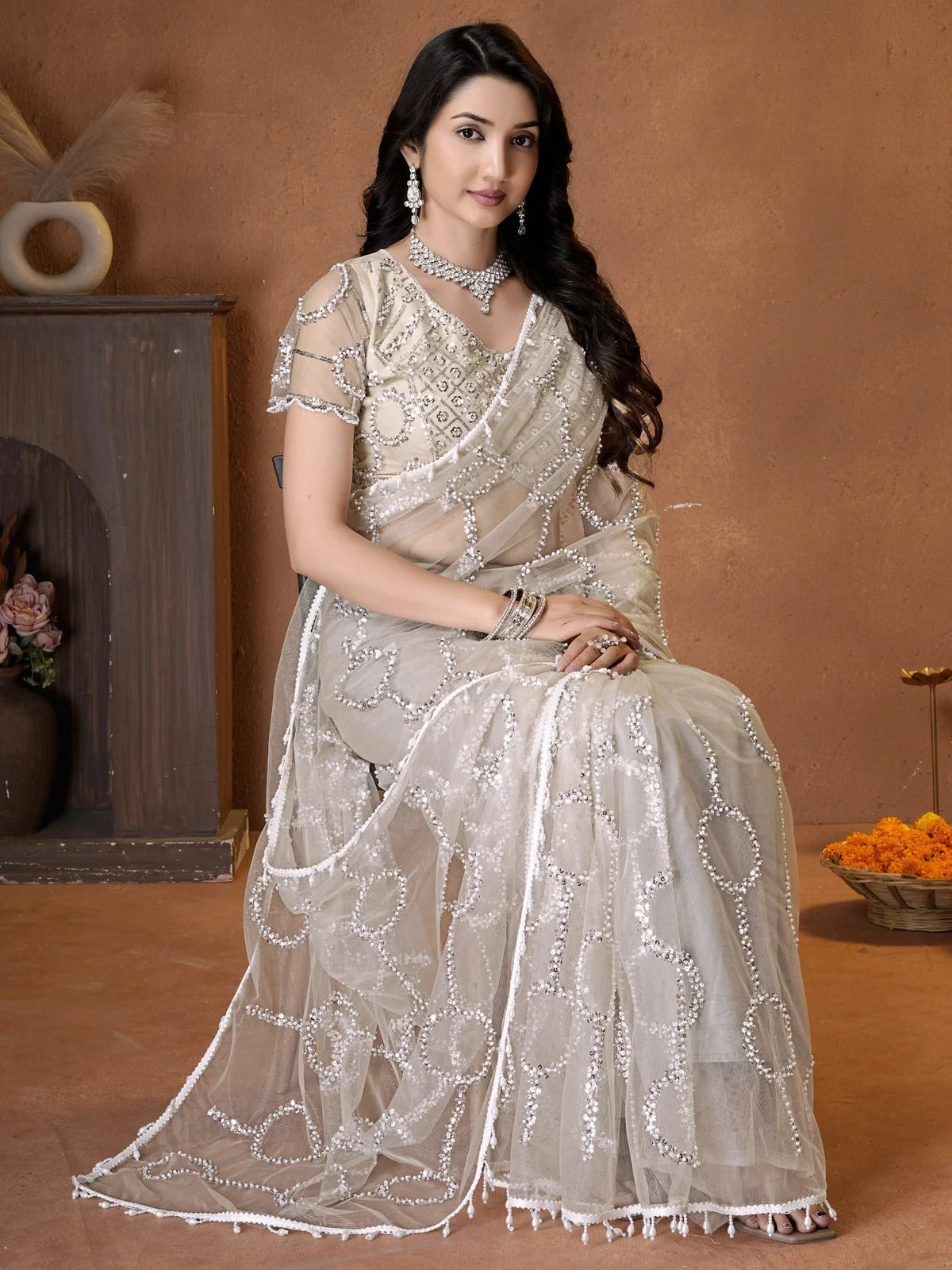 Tarani white net saree with beads sequence pearls embroidery back-view