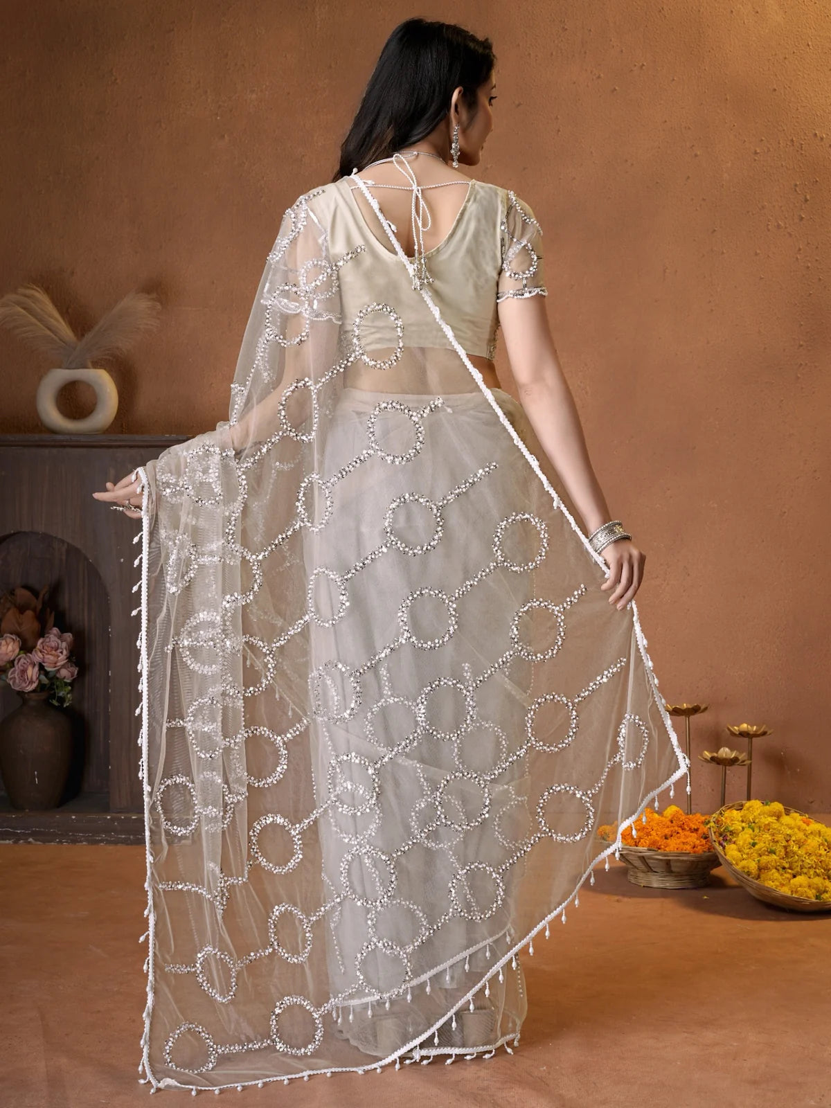 Tarani white net saree with beads sequence pearls embroidery back-view