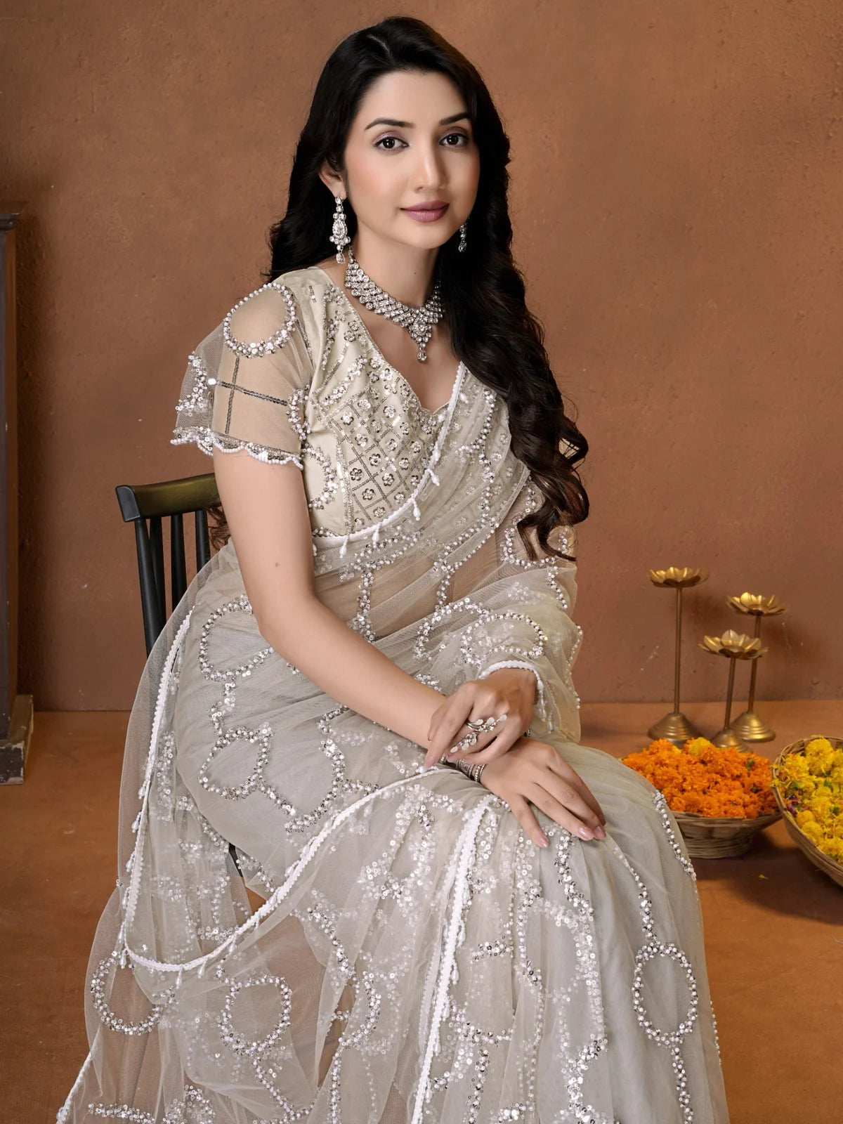 Tarani white net saree with beads sequence pearls embroidery side-view