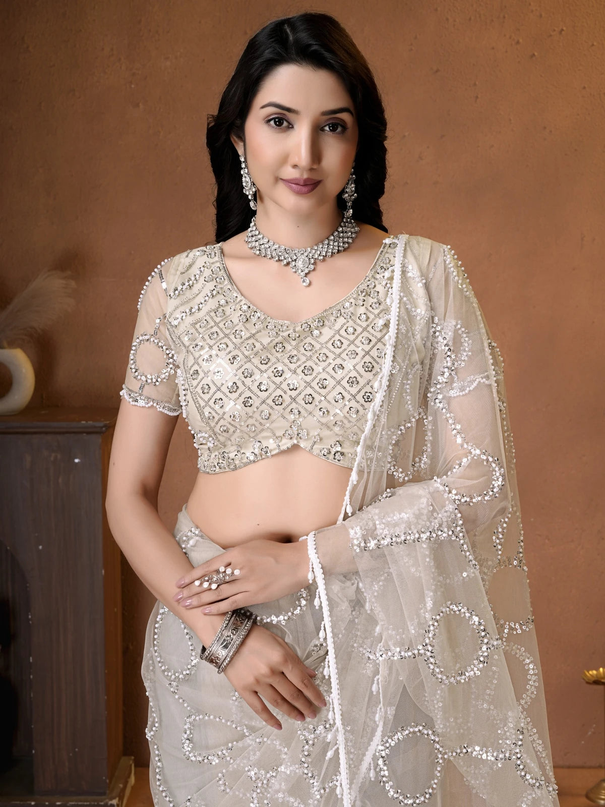 Tarani white net saree with beads sequence pearls embroidery upper-body-view