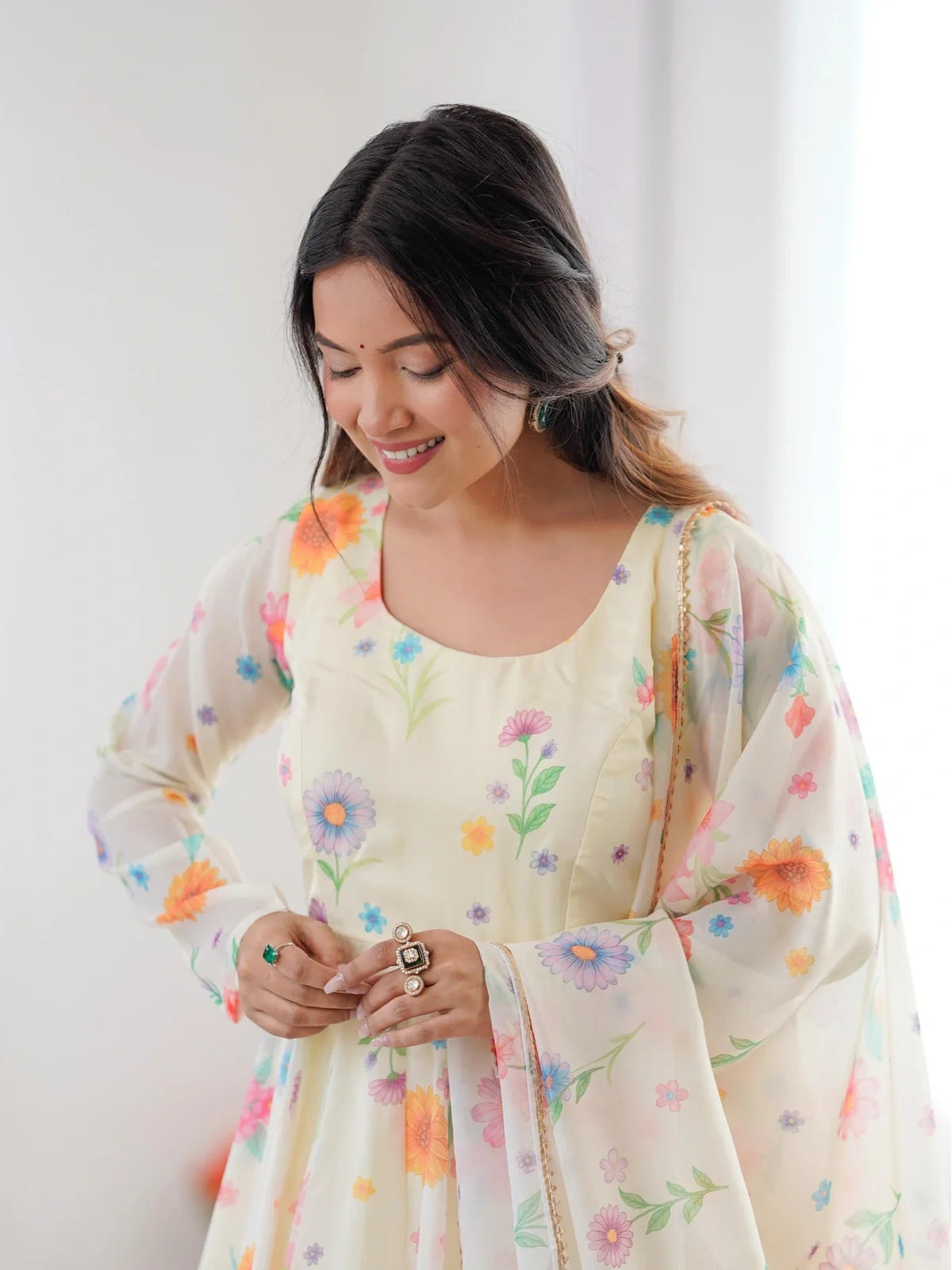 Tarani organza gown yellow upper body view showing floral design and neckline