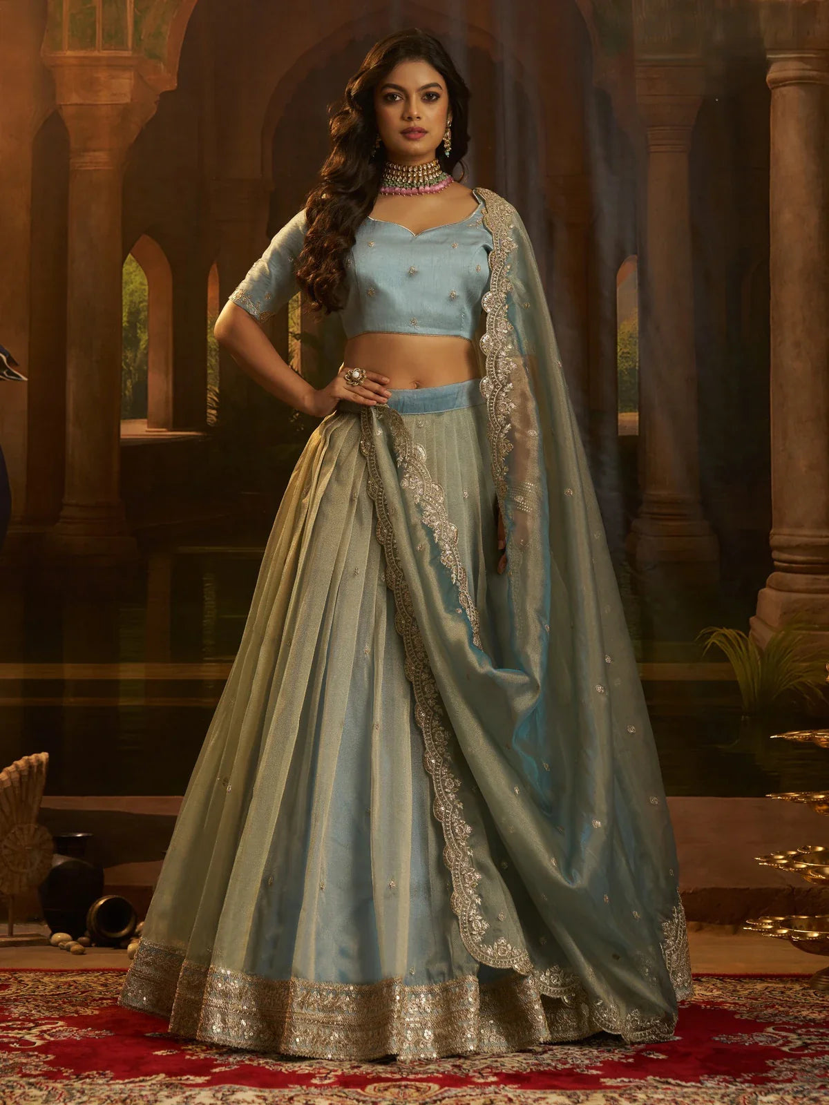 Tarani blue organza lehenga with zari sequin embroidery full front view for weddings