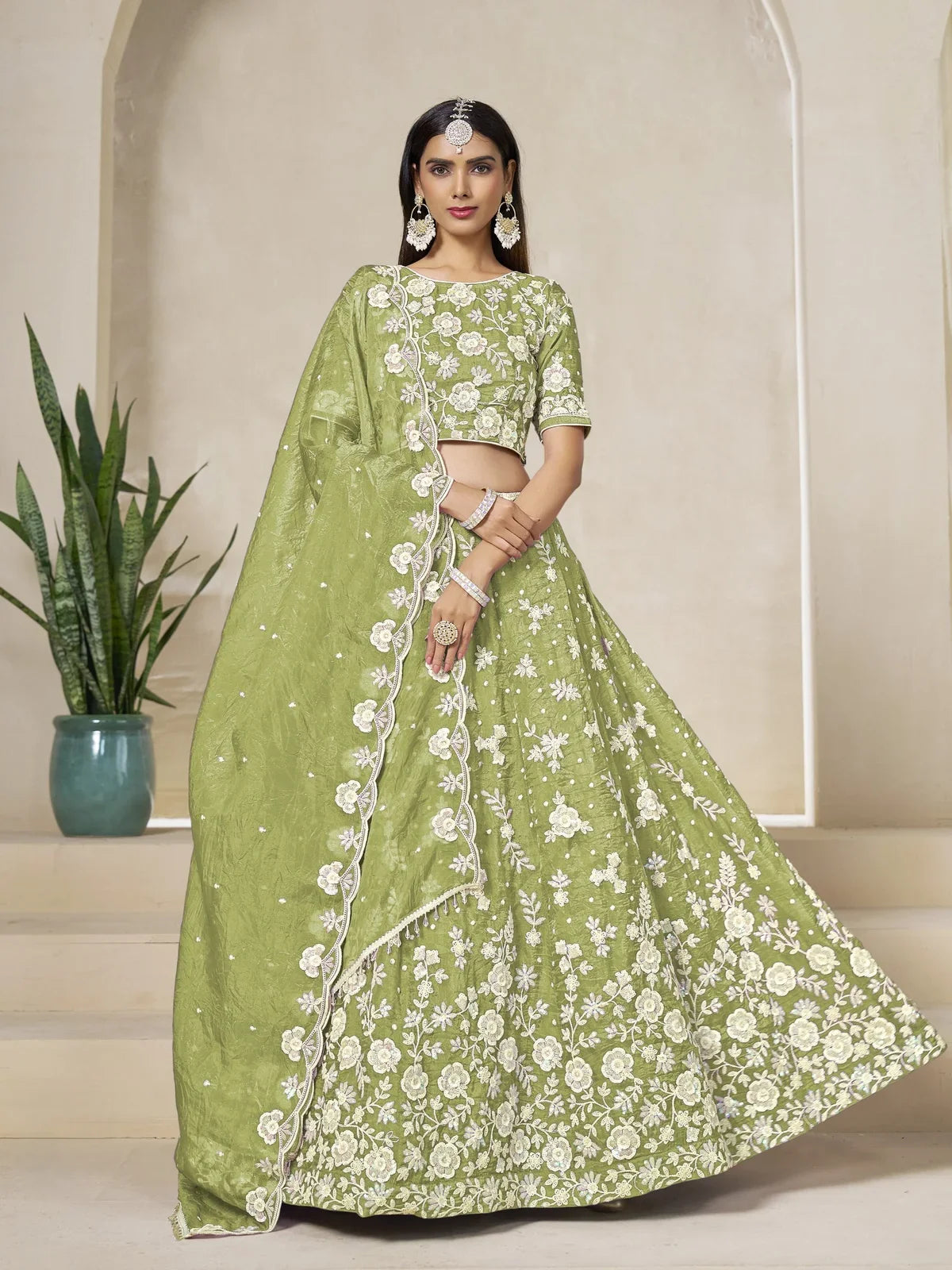 Tarani premium green organza silk lehenga full view with embroidered blouse and dupatta