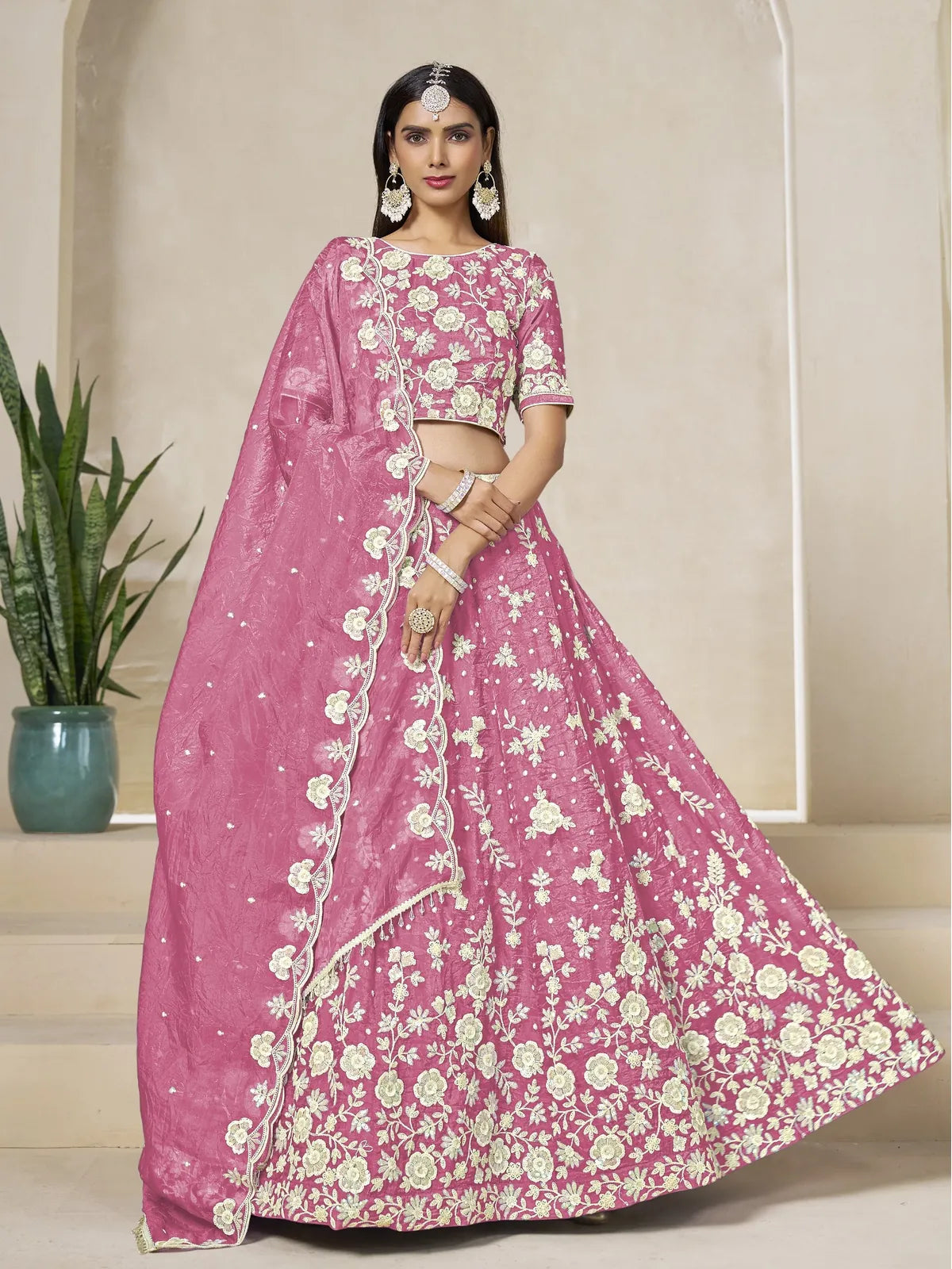 Tarani pink organza silk lehenga full view with embroidered blouse and dupatta