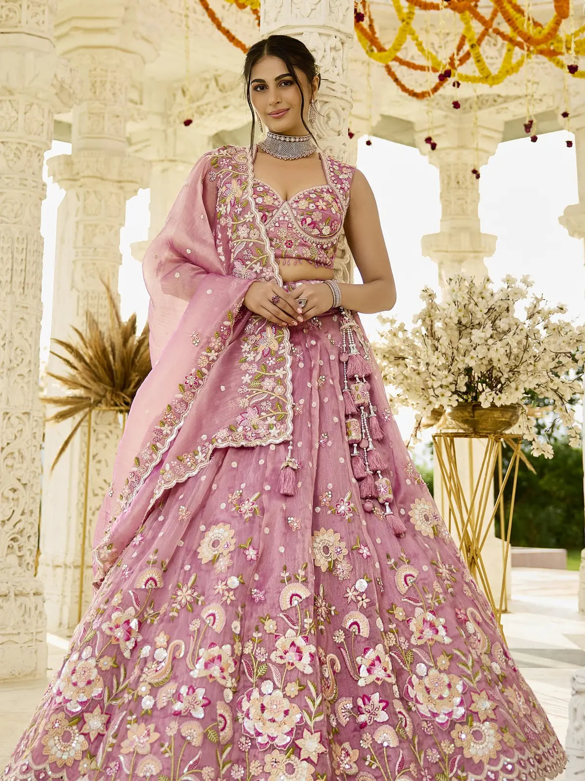 Tarani pink organza lehenga full view with embroidery beads and sequins ready to wear set