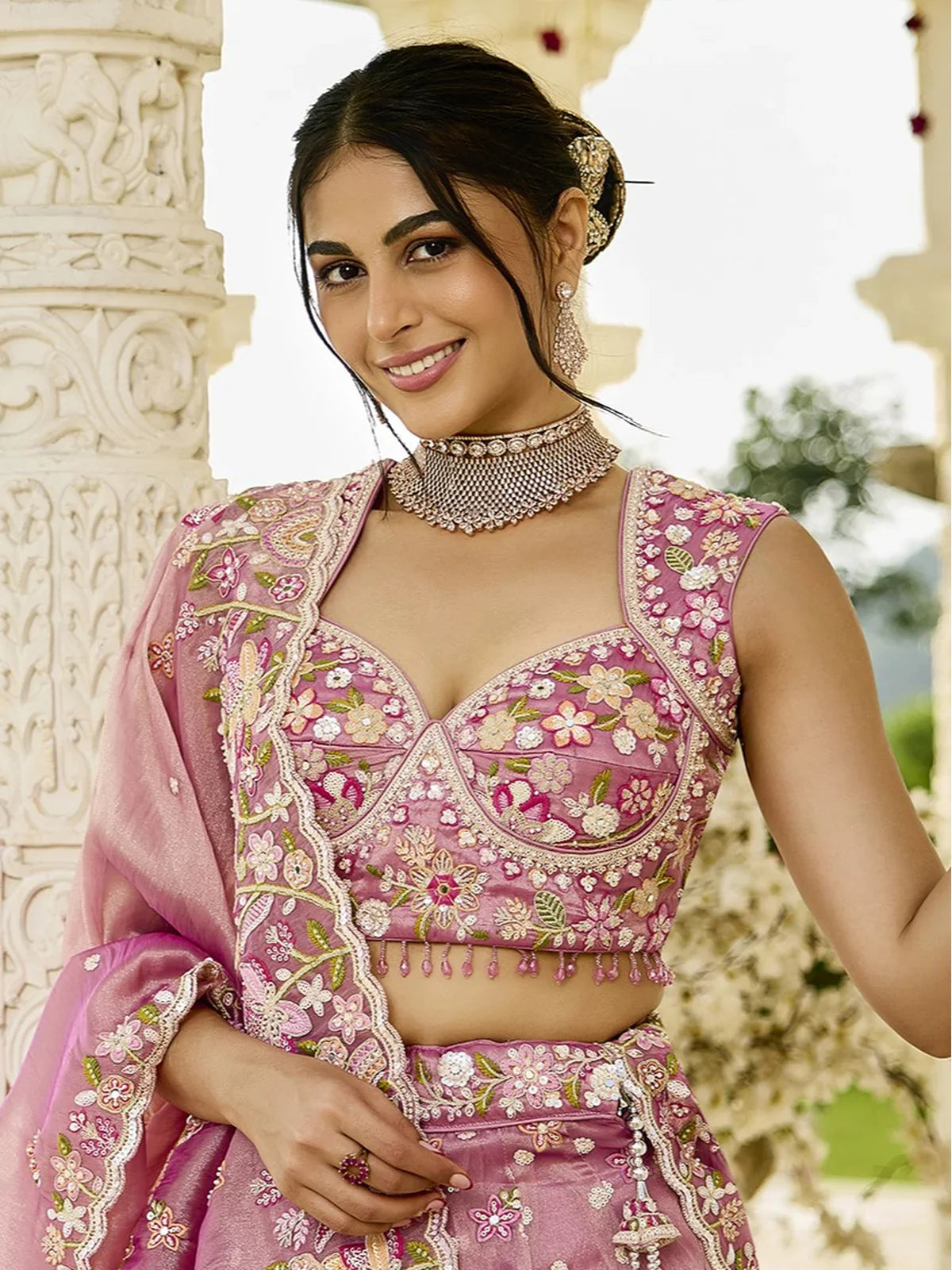 Tarani pink organza lehenga satin silk blouse upper body view with embroidery and sequins