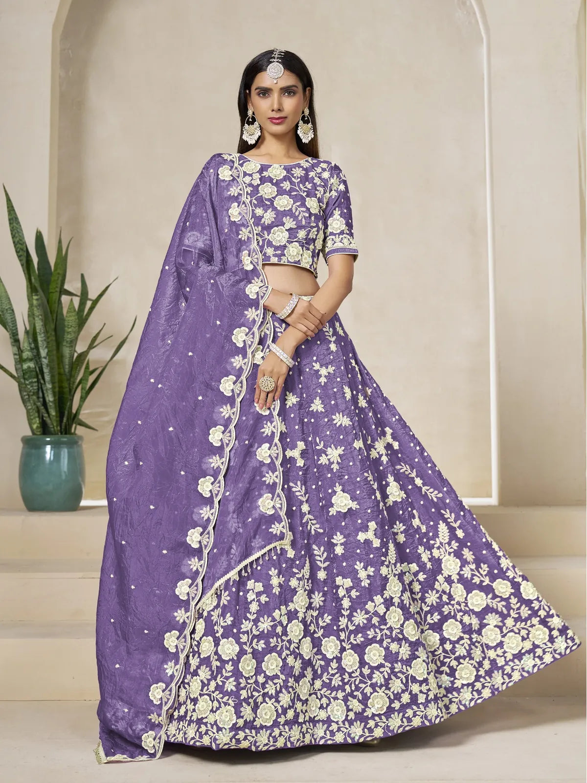 Tarani purple organza lehenga with embroidered blouse and dupatta for festive and party wear