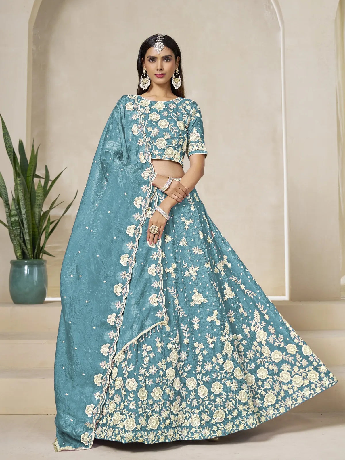 Tarani teal organza silk lehenga full view with floral embroidery blouse and dupatta