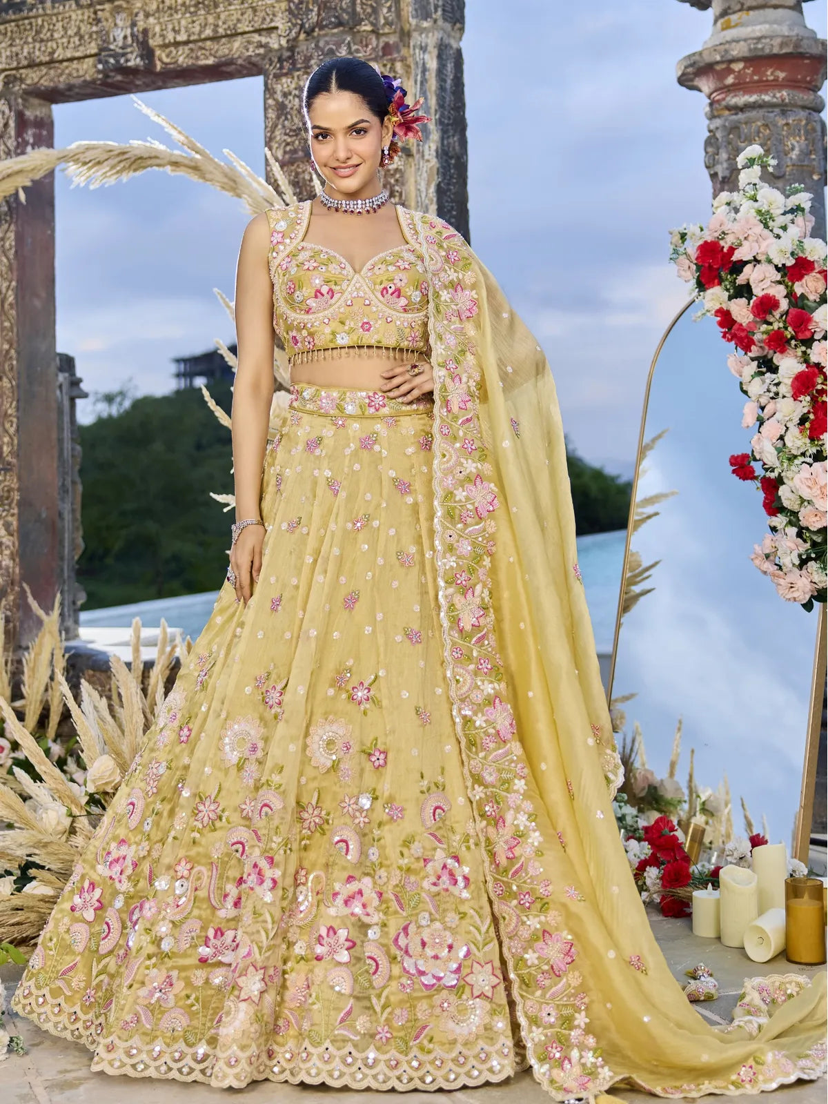 Tarani yellow organza lehenga with beads and sequins embroidery full view