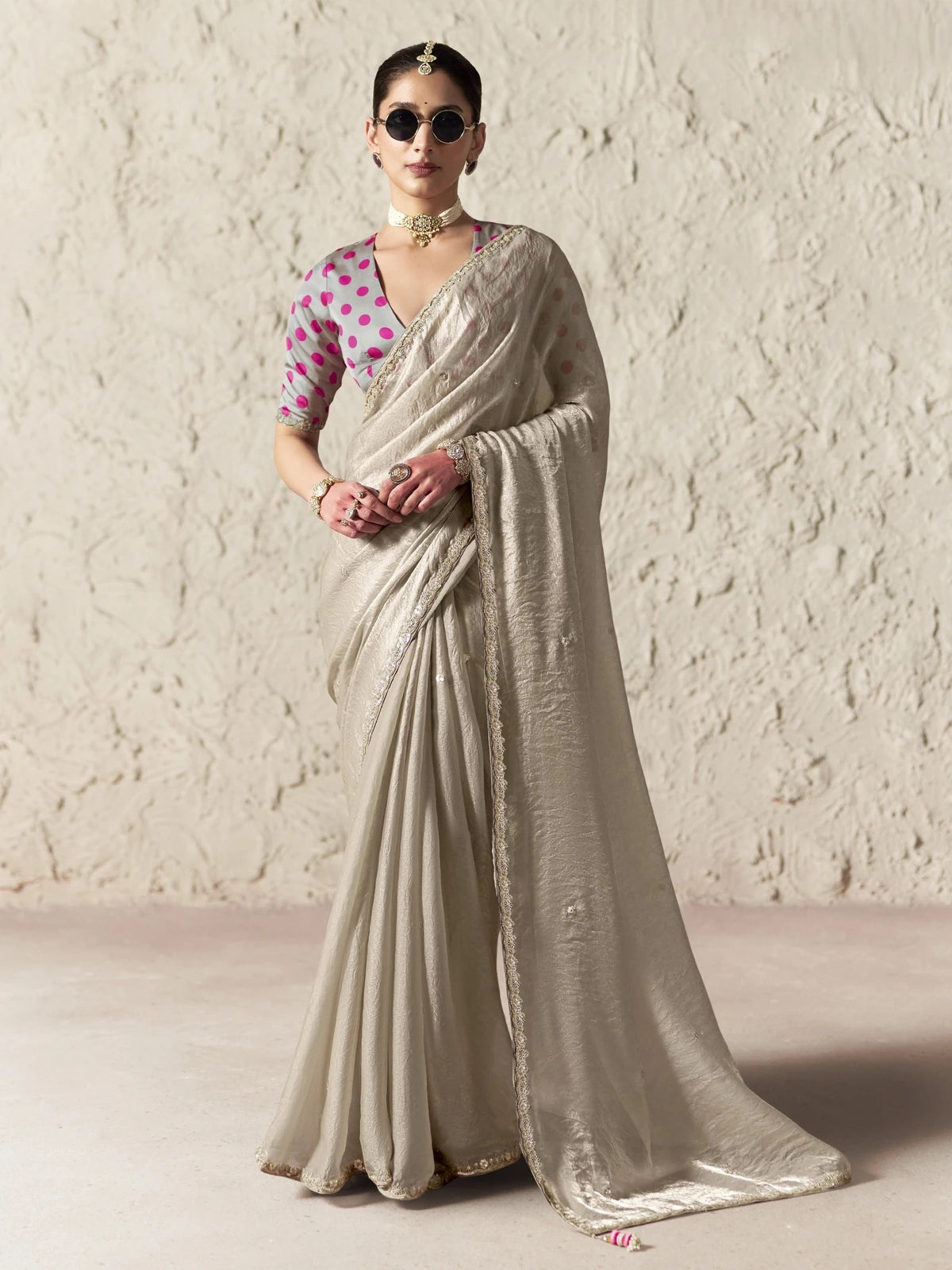 Tarani beige organza saree with embroidered border and digital print blouse full view for festive wear