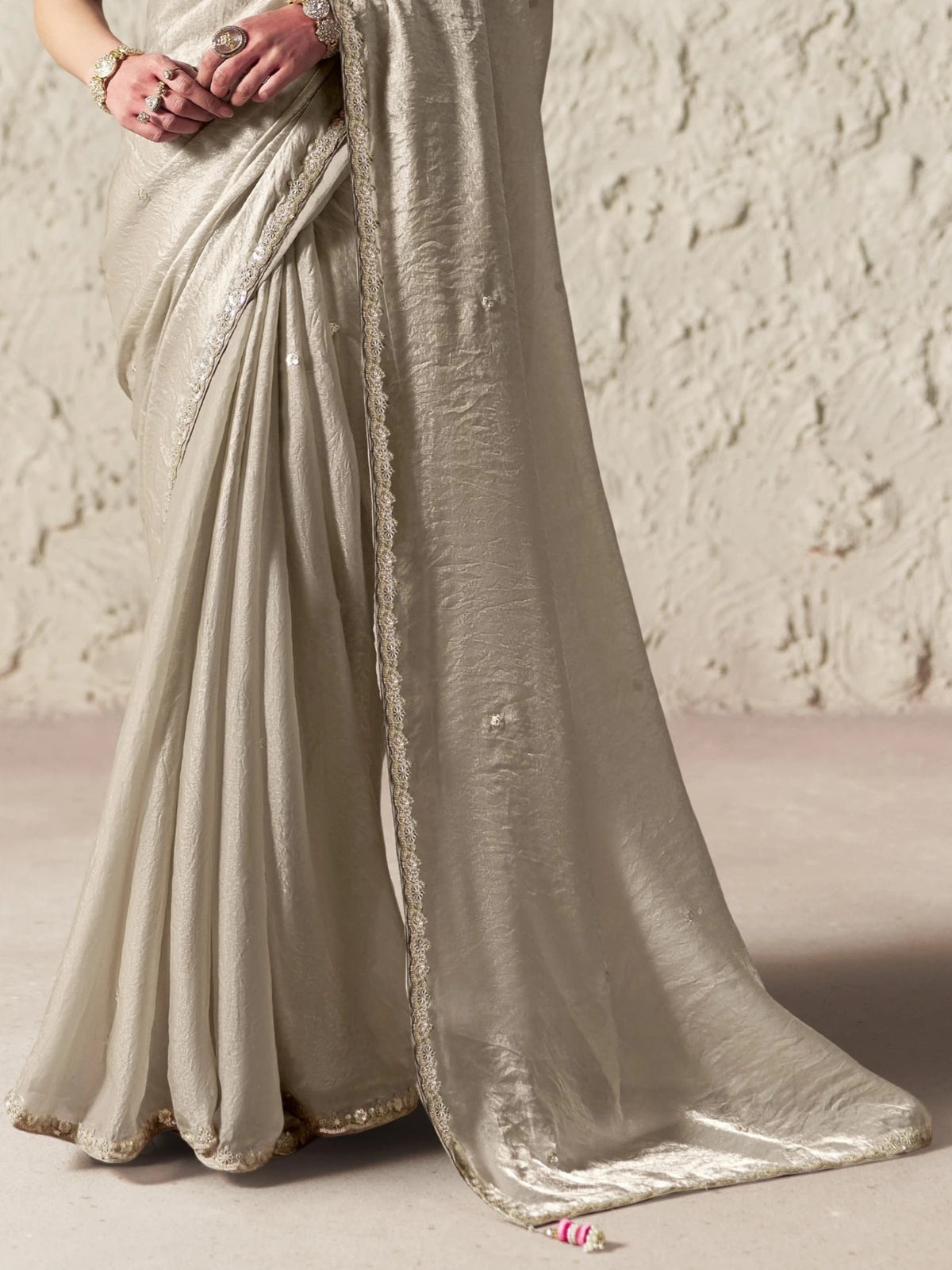 Tarani beige embroidered organza saree pallu view with sequins border detailing for party wear