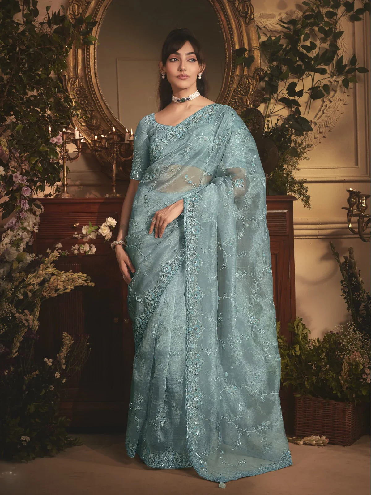 Tarani premium blue organza saree with embroidery stone work and silk blouse full view