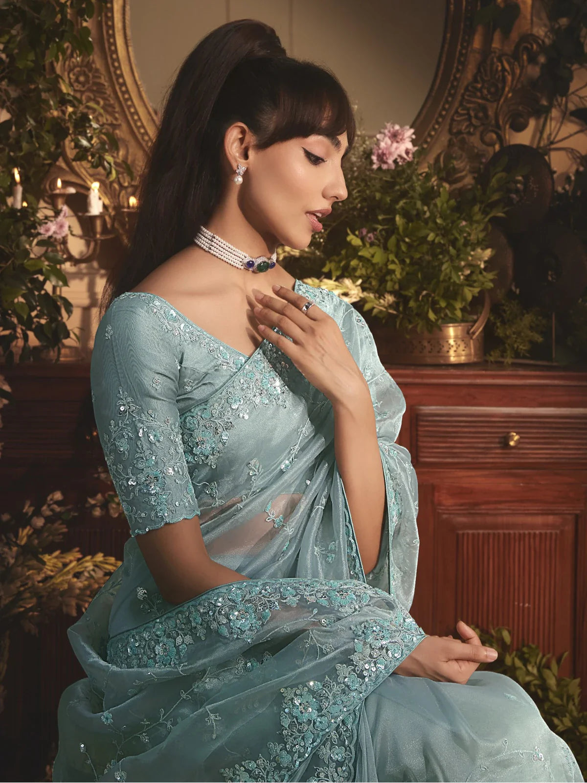 Tarani blue tissue organza saree with embroidery and silk blouse side view