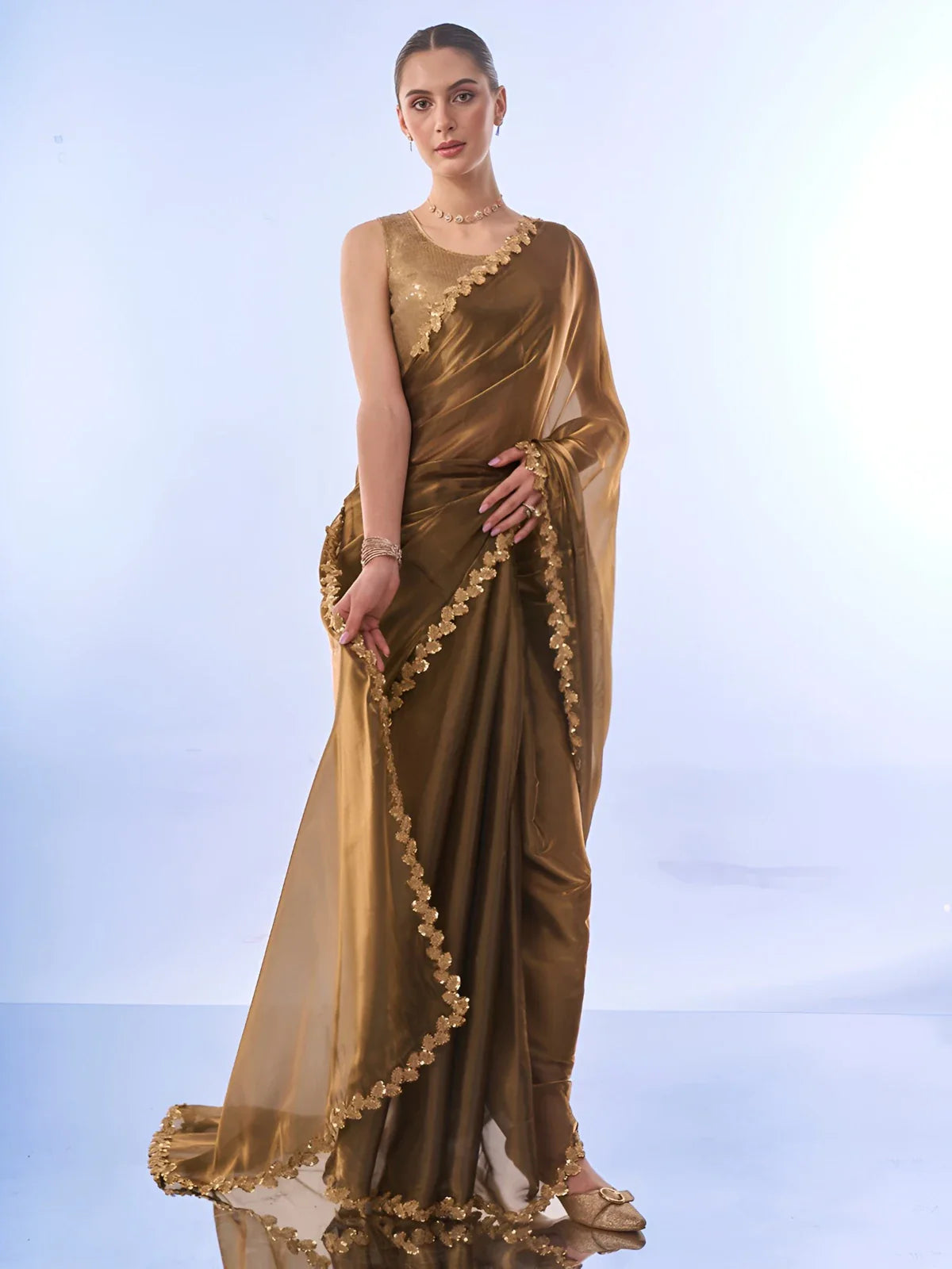 Tarani brown organza saree with sequin lace border and gold blouse shown in full view