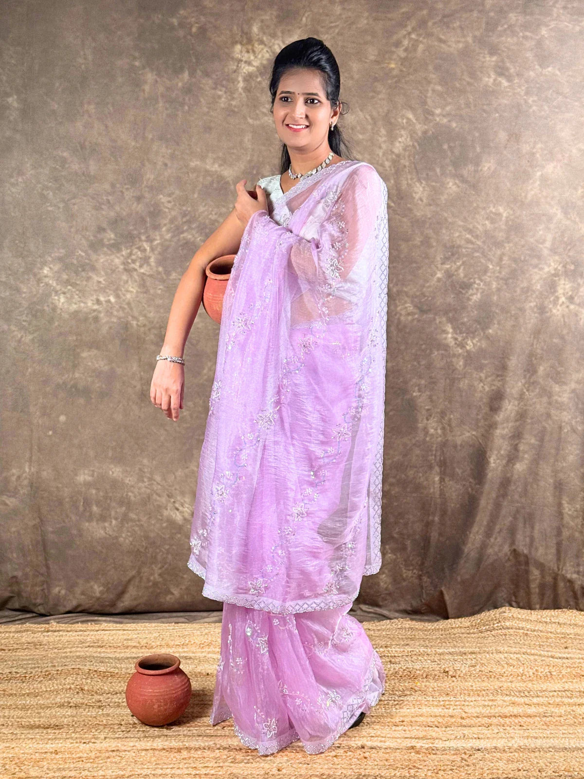 Tarani lavender organza saree alternative full view with shimmer work