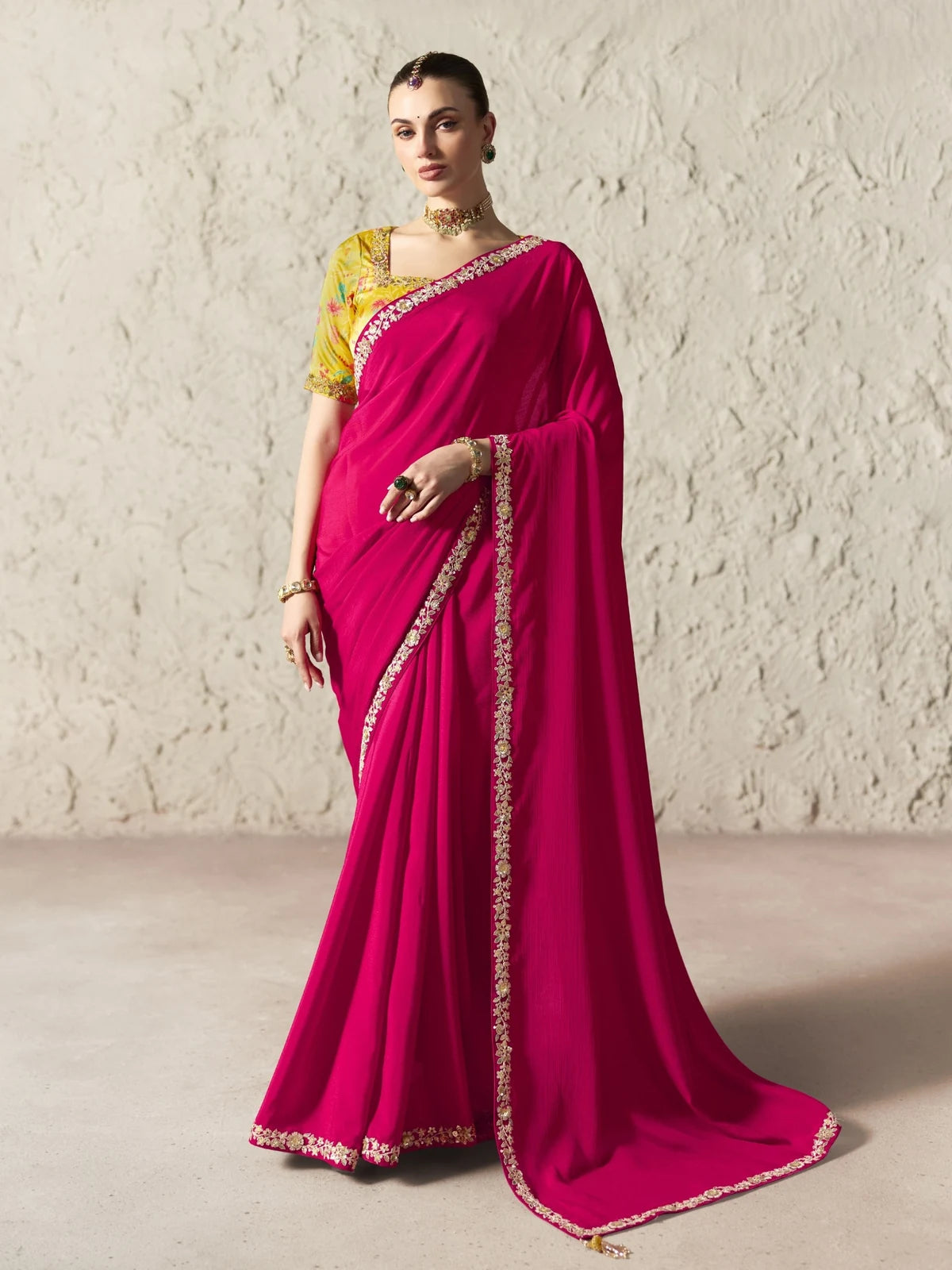 Tarani magenta organza saree full view with embroidered border and floral blouse for festive party wear