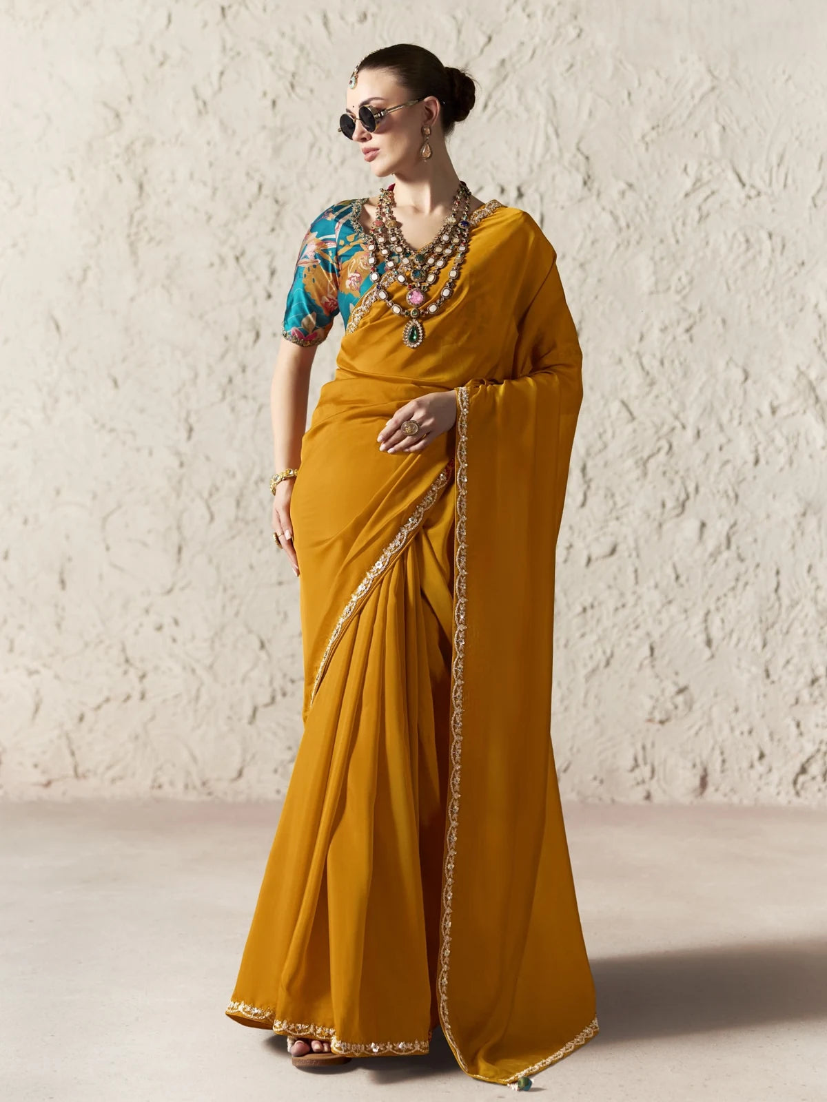 Tarani mustard organza saree with embroidered border and printed blouse full view party wear