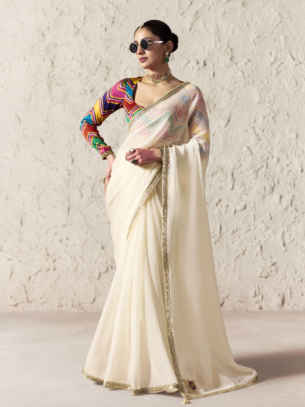 Tarani off white organza saree full view with embroidered border and digital print blouse for festive wear