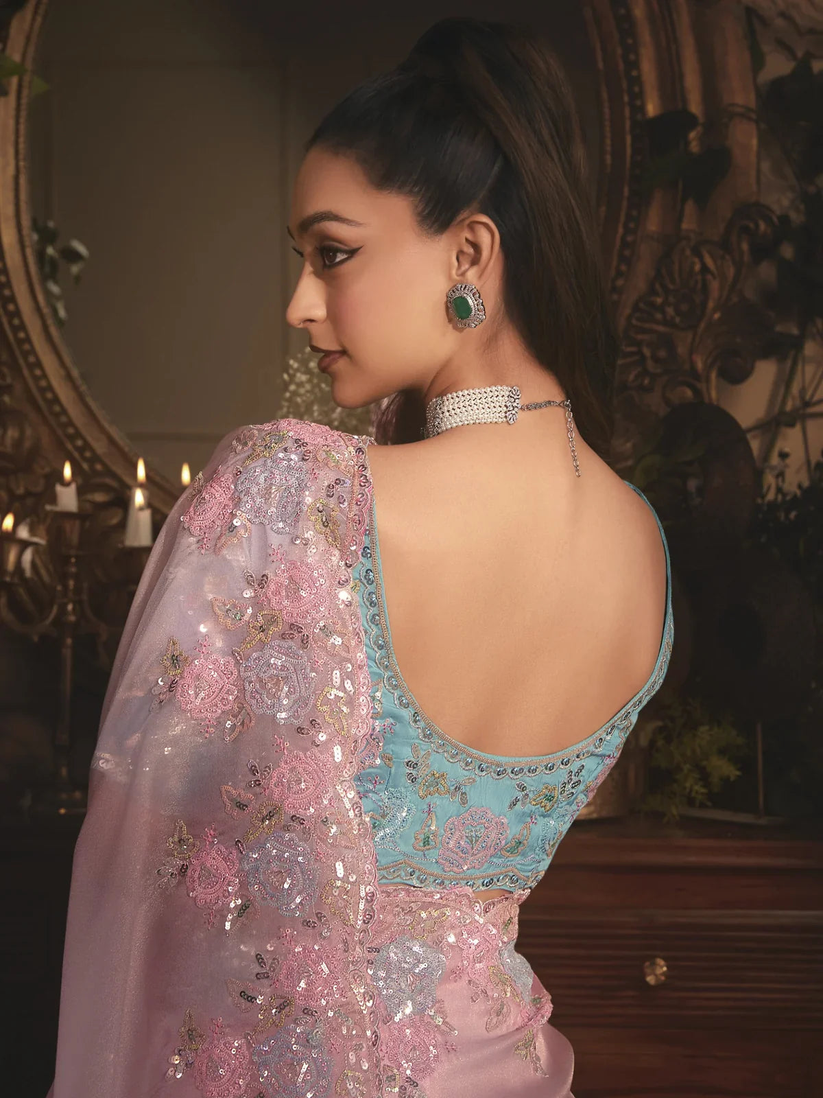 Tarani pink organza saree back blouse view with intricate embroidery and designer cut