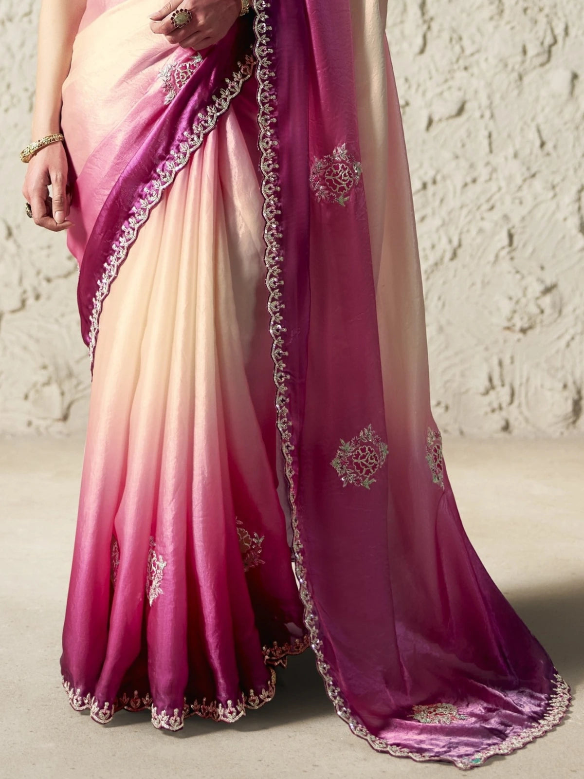 Tarani pink organza saree pallu view with sequins embroidery lace border and soft drape detailing