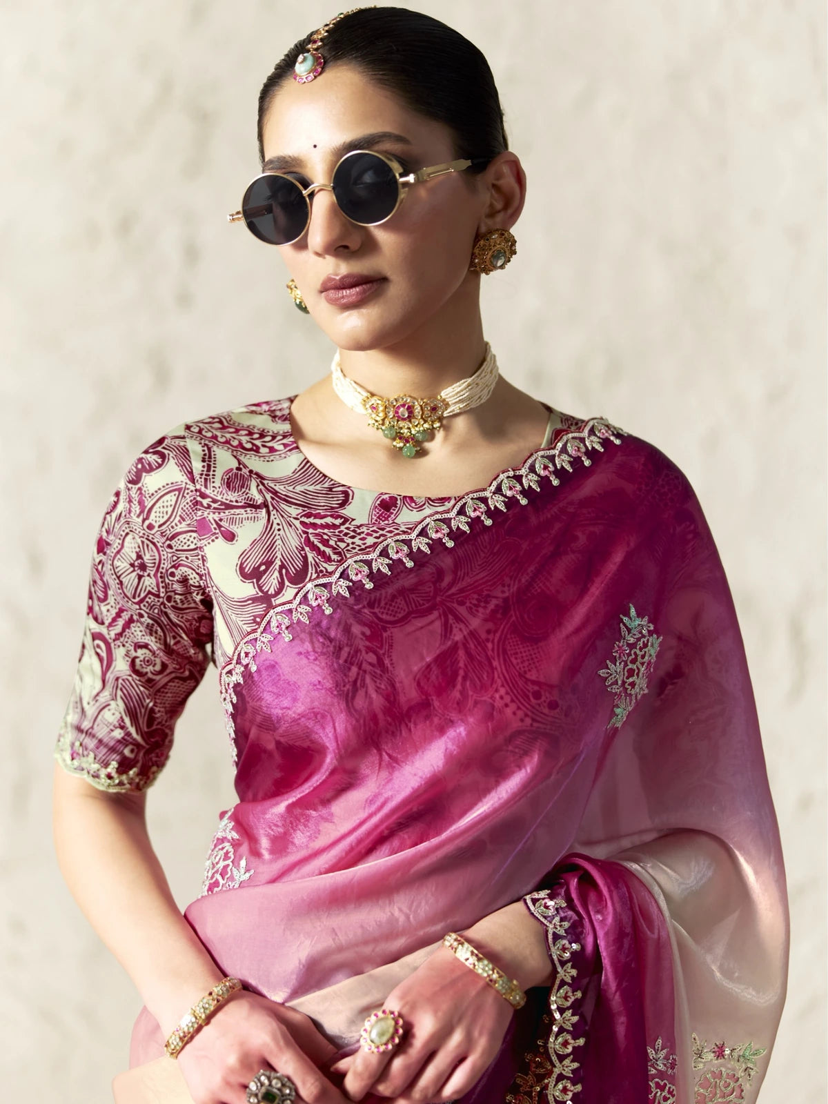 Tarani pink organza saree upper body view with embroidered blouse and elegant border detailing
