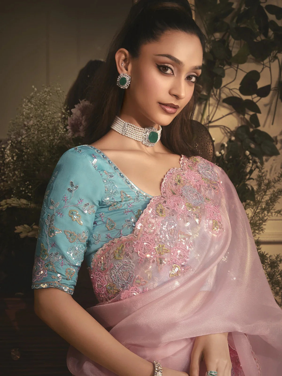 Tarani pink organza saree upper body view with embroidered blouse and sequin details