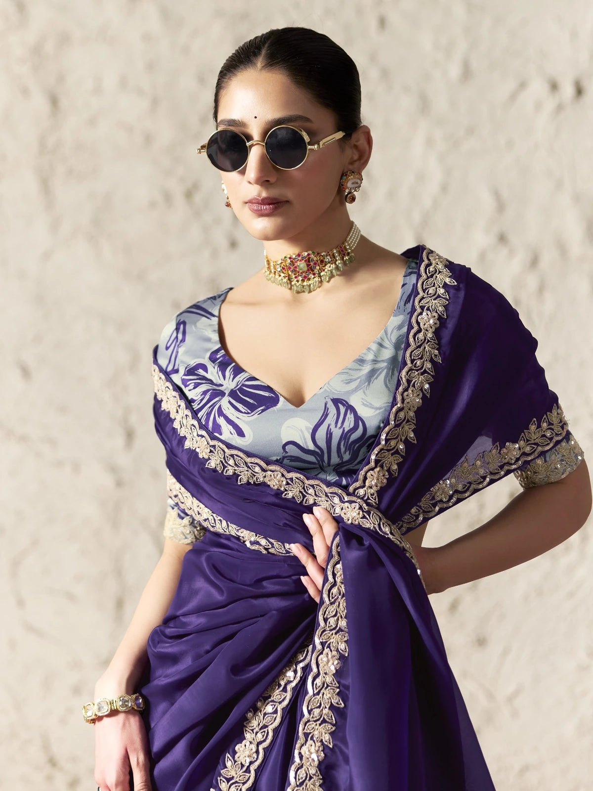Tarani purple party wear saree upper body view with digital print blouse and embroidery lace work