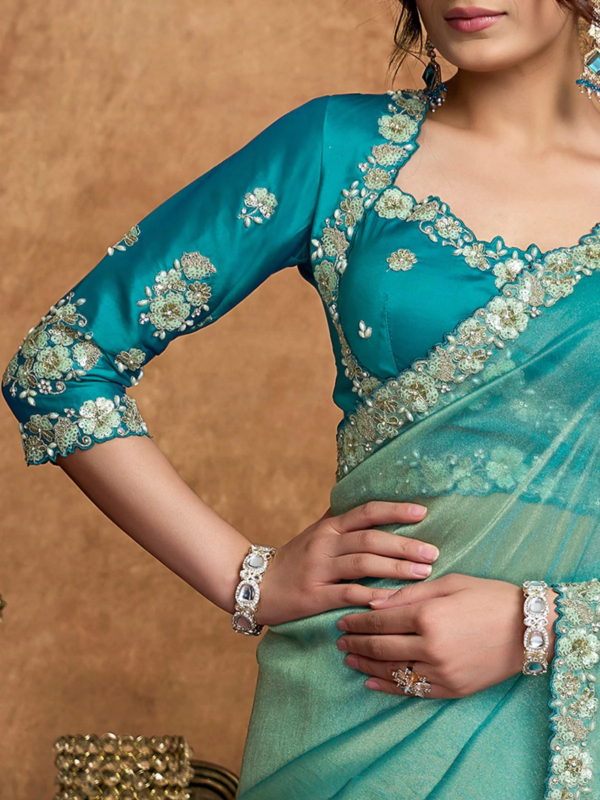 Tarani teal Zari Organza Satin saree with sequin pearl stone embroidery blouse view Archaya
